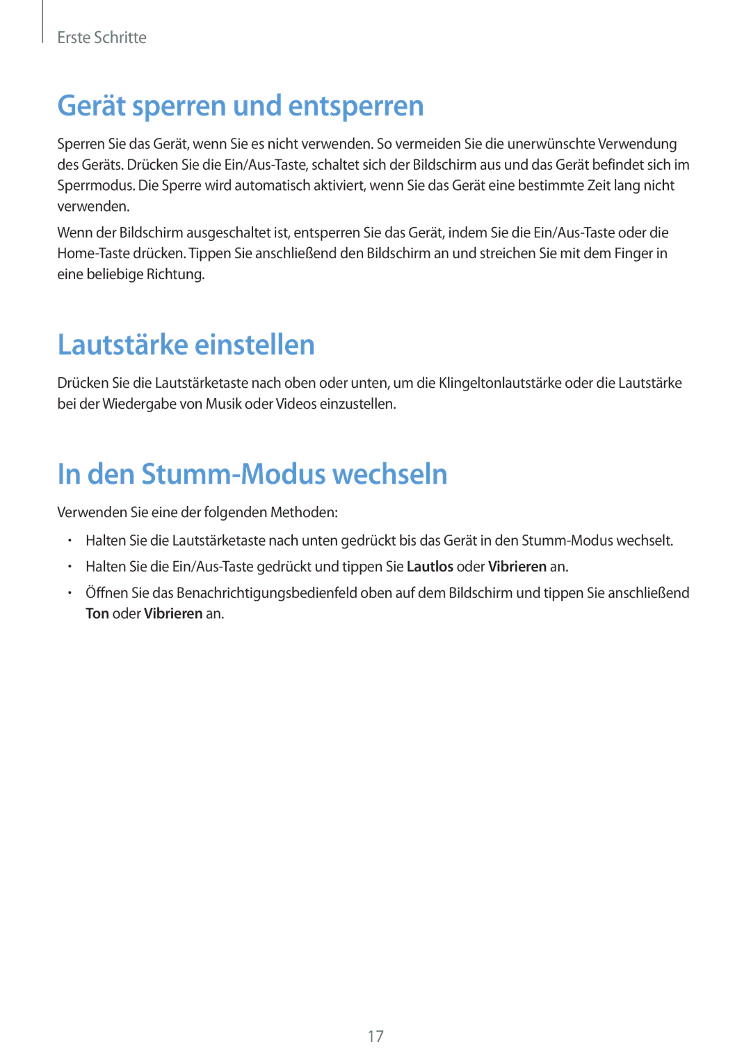 Samsung SM-T335NZWAEUR, SM-T335NYKAATO manual Gerät sperren und entsperren, Lautstärke einstellen, Den Stumm-Modus wechseln 