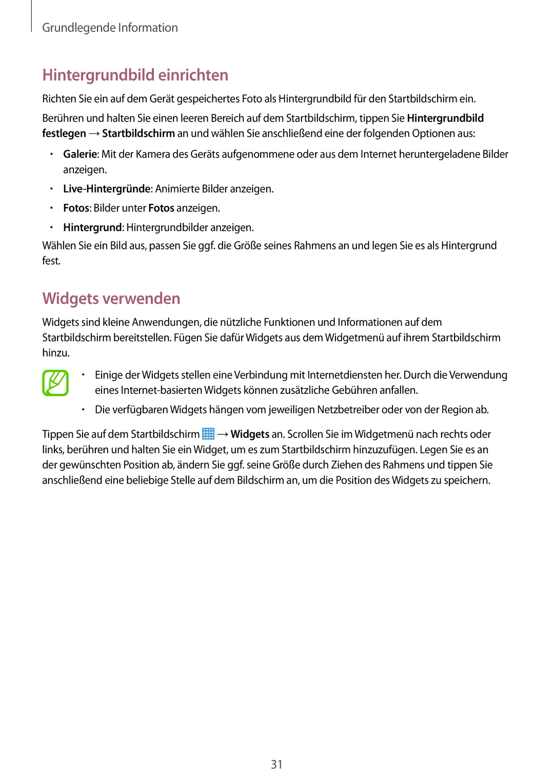 Samsung SM-T335NZWAEUR, SM-T335NYKAATO, SM-T335NYKAEUR, SM-T335NYKACOS manual Hintergrundbild einrichten, Widgets verwenden 