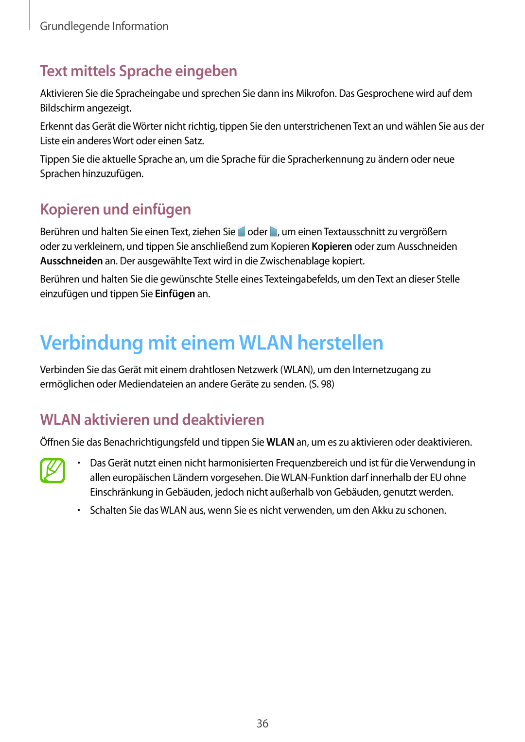 Samsung SM-T335NYKAEUR manual Verbindung mit einem Wlan herstellen, Text mittels Sprache eingeben, Kopieren und einfügen 