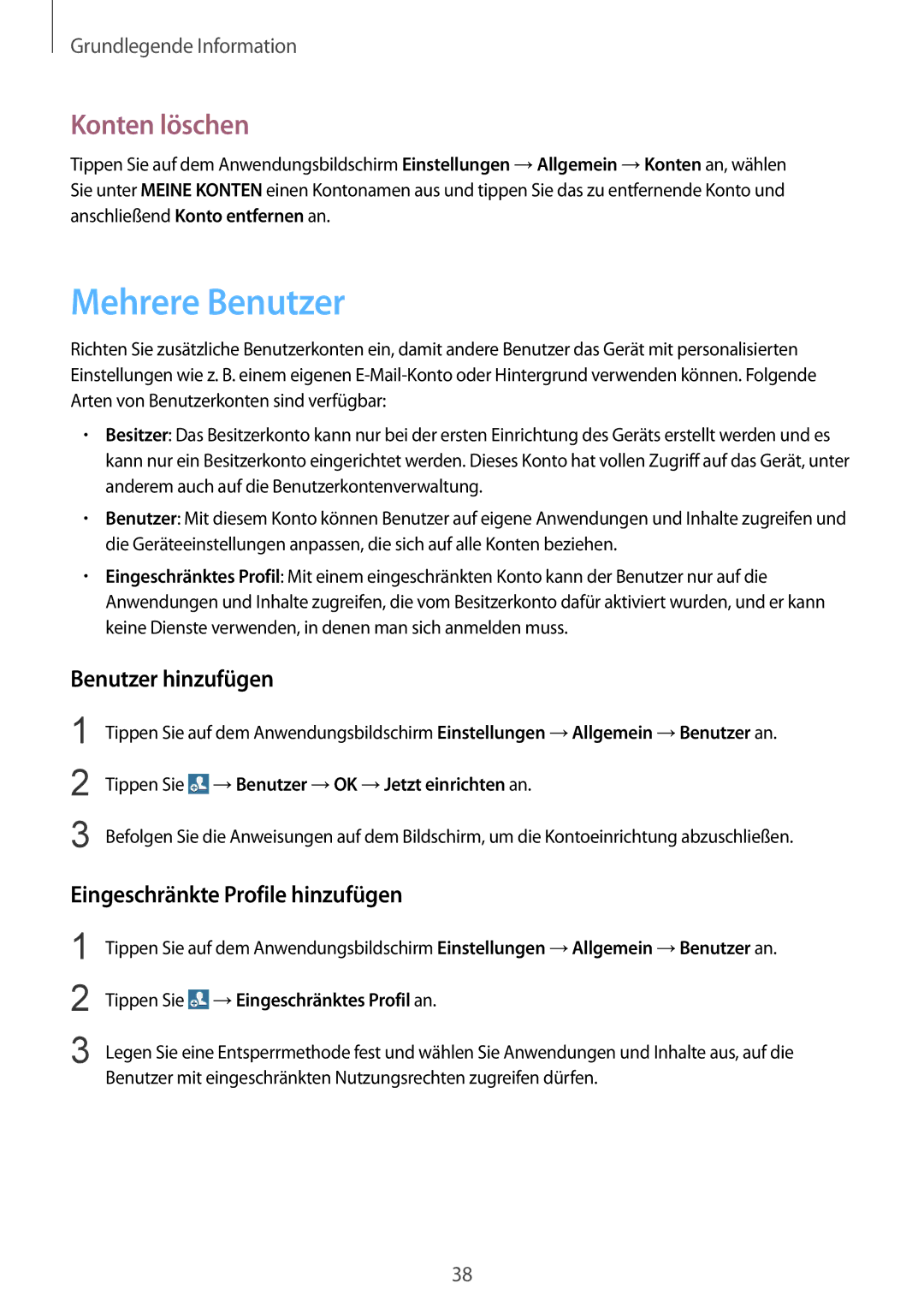 Samsung SM-T335NZWAEUR manual Mehrere Benutzer, Konten löschen, Benutzer hinzufügen, Eingeschränkte Profile hinzufügen 