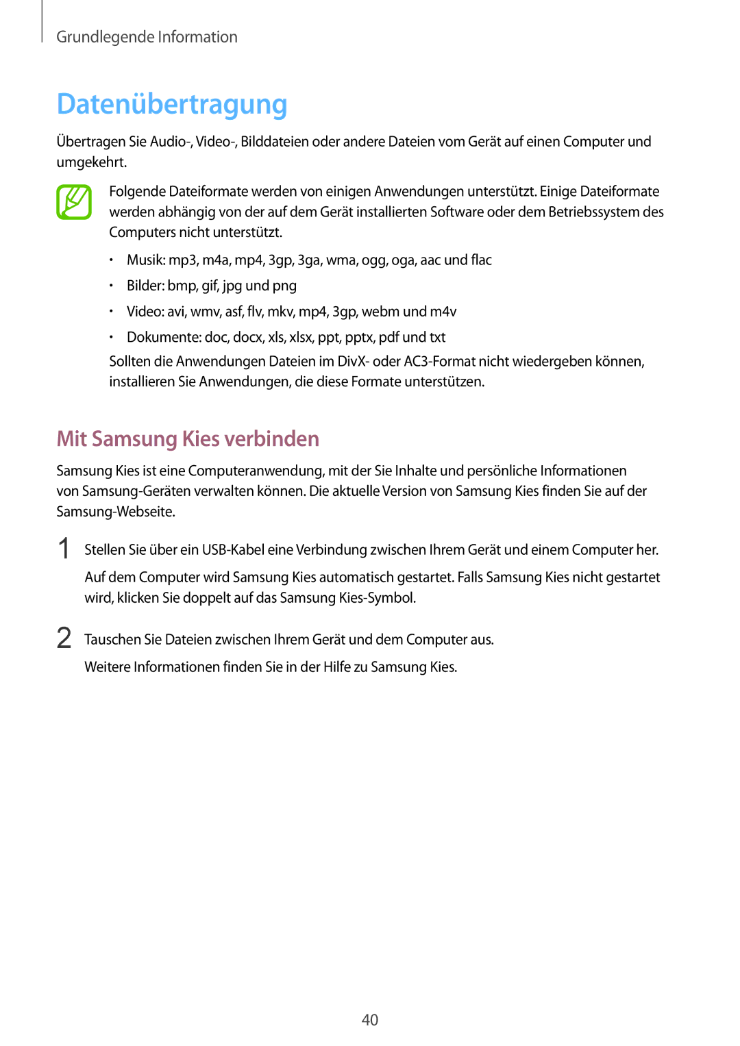 Samsung SM-T335NZWAATO, SM-T335NYKAATO, SM-T335NYKAEUR, SM-T335NYKACOS manual Datenübertragung, Mit Samsung Kies verbinden 