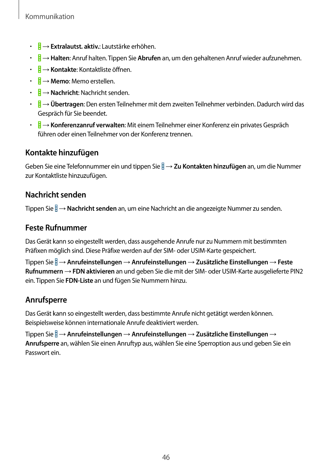 Samsung SM-T335NZWADTM, SM-T335NYKAATO, SM-T335NYKAEUR Kontakte hinzufügen, Nachricht senden, Feste Rufnummer, Anrufsperre 