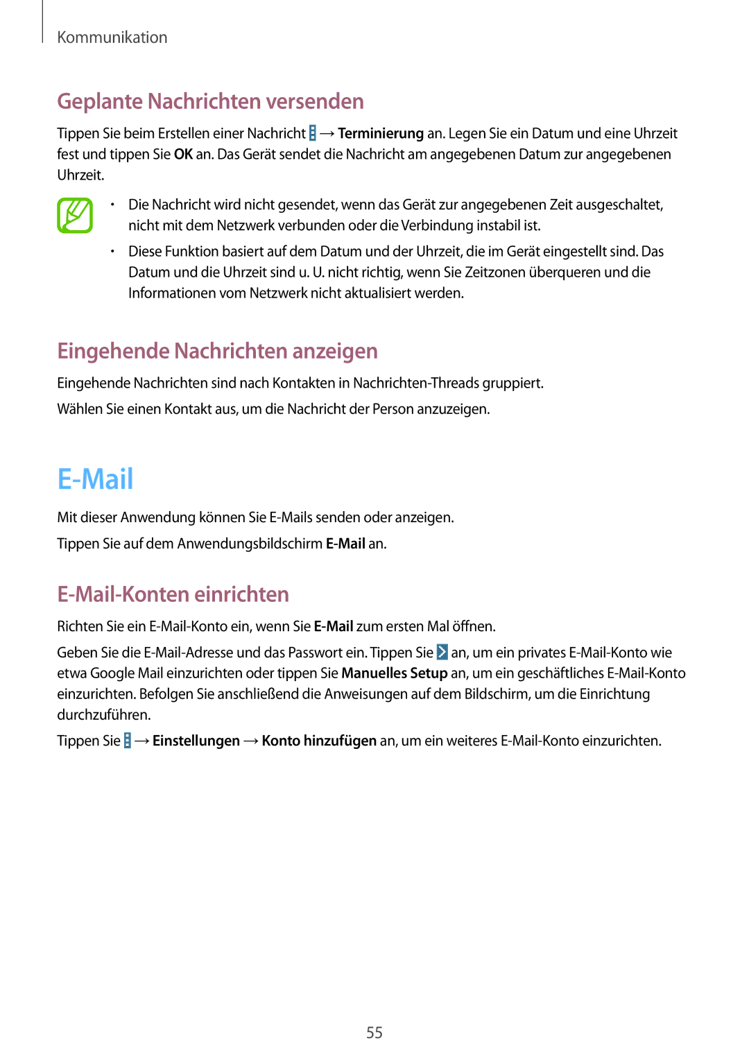 Samsung SM-T335NZWAVD2 manual Geplante Nachrichten versenden, Eingehende Nachrichten anzeigen, Mail-Konten einrichten 