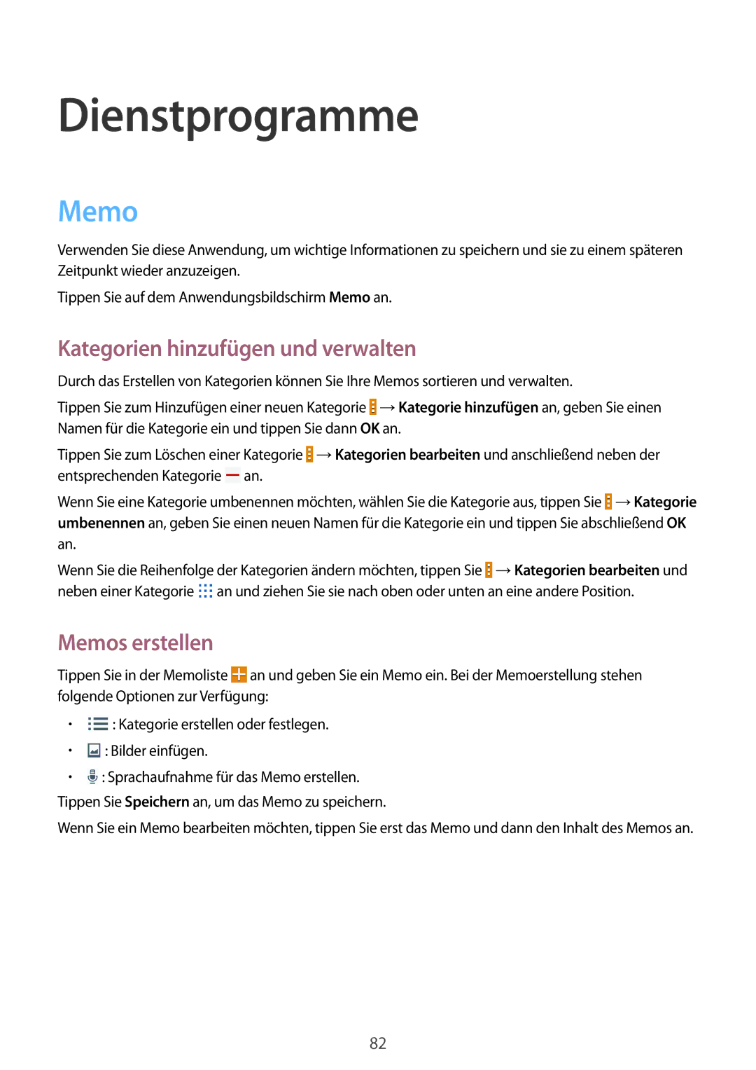 Samsung SM-T335NZWAATO, SM-T335NYKAATO manual Dienstprogramme, Kategorien hinzufügen und verwalten, Memos erstellen 