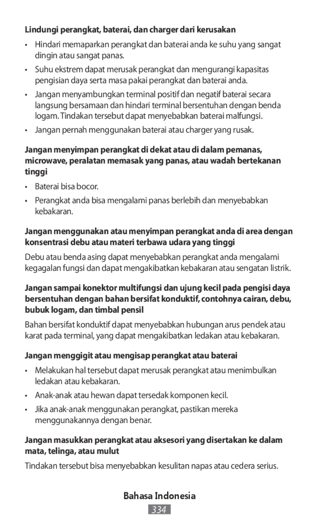 Samsung SM-T335NYKACOS, SM-T335NYKAATO, SM-T335NYKAEUR manual Lindungi perangkat, baterai, dan charger dari kerusakan 