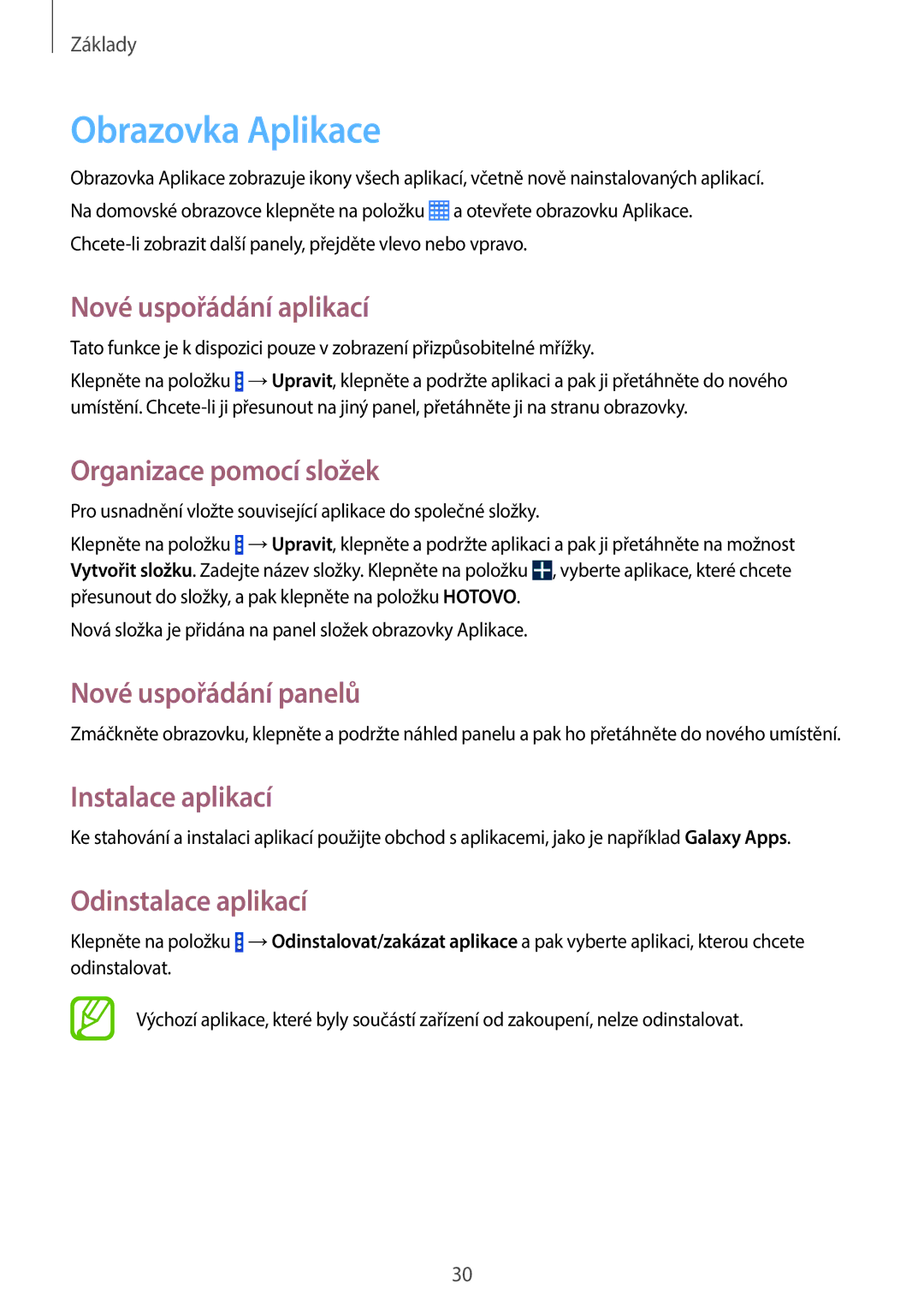 Samsung SM-T335NZWAAUT manual Obrazovka Aplikace, Nové uspořádání aplikací, Organizace pomocí složek, Instalace aplikací 