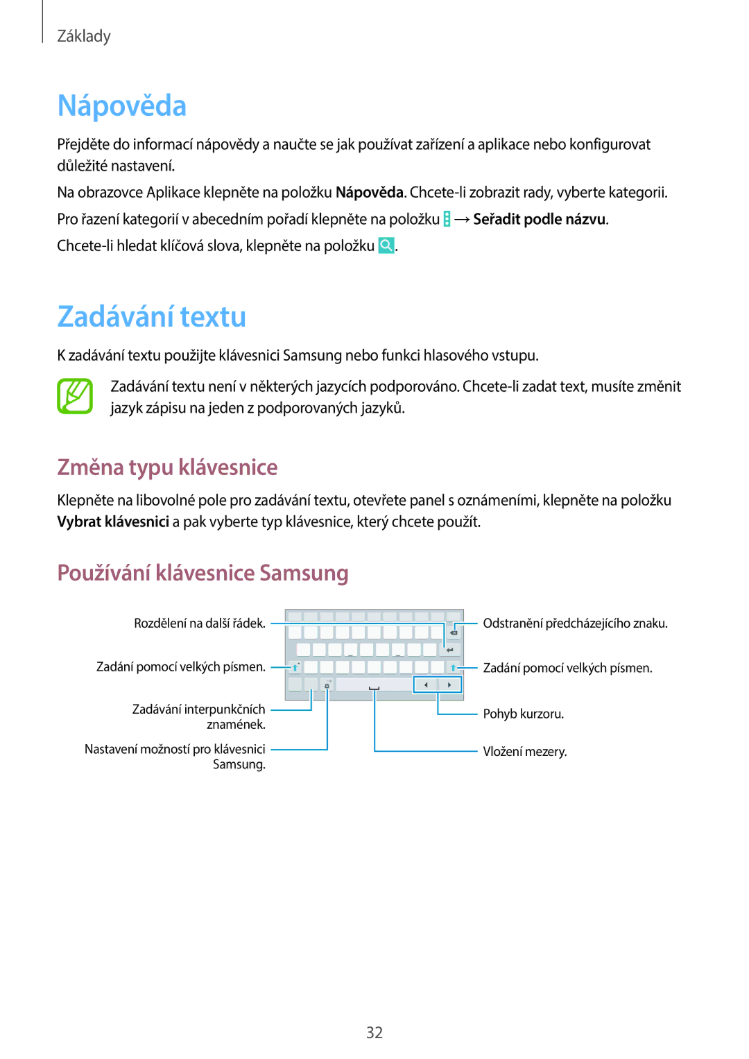 Samsung SM-T335NYKAVDH, SM-T335NYKACOS, SM-T335NYKAVDC, SM-T335NZWAAUT manual Nápověda, Zadávání textu, Změna typu klávesnice 