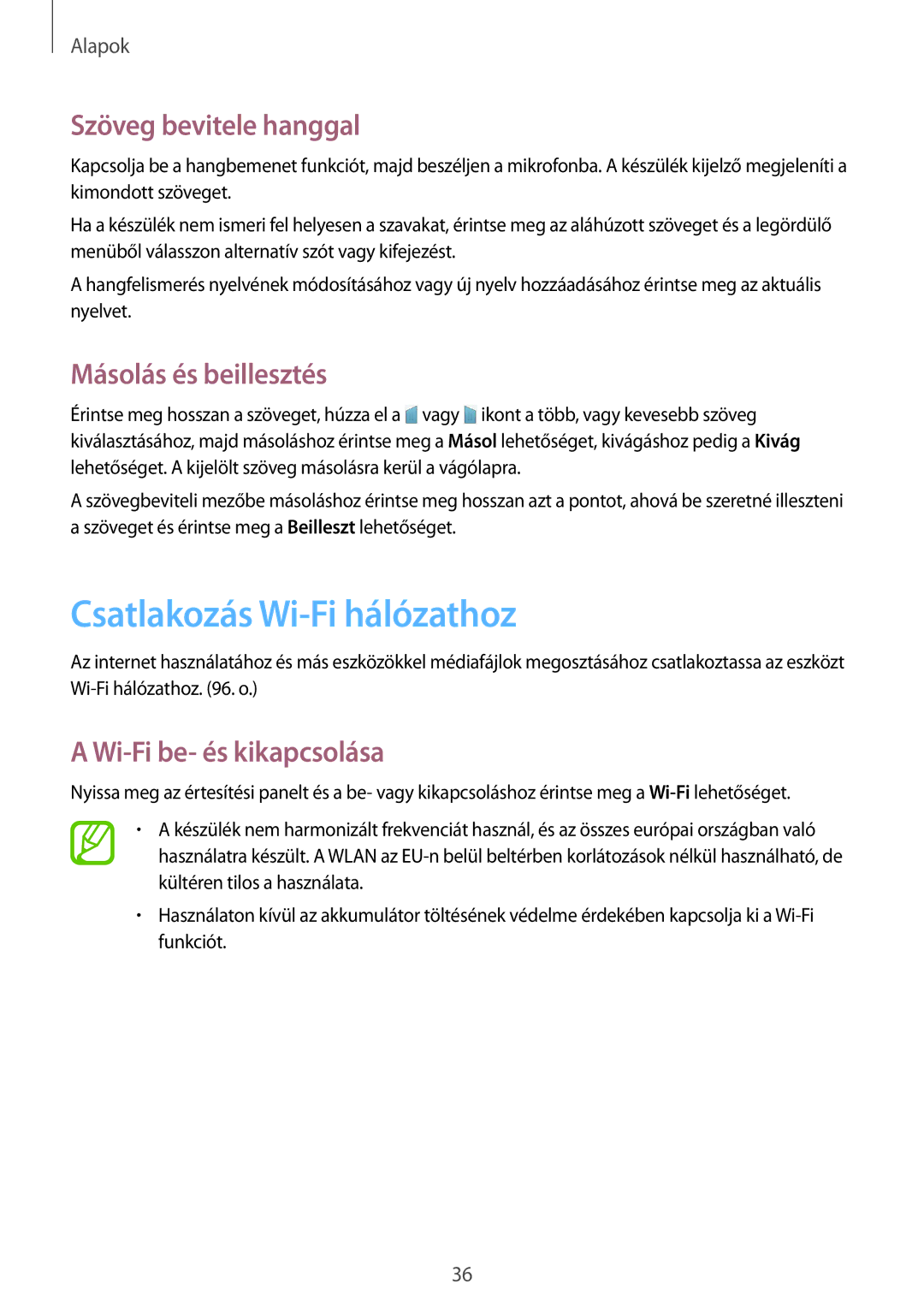 Samsung SM-T335NYKAVDC, SM-T335NYKACOS manual Csatlakozás Wi-Fi hálózathoz, Szöveg bevitele hanggal, Másolás és beillesztés 