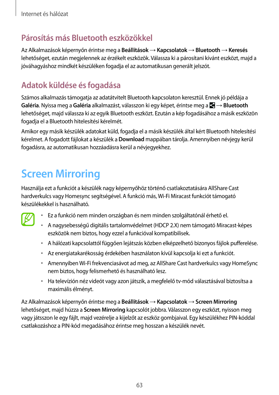 Samsung SM-T335NYKACOS, SM-T335NYKAVDC Screen Mirroring, Párosítás más Bluetooth eszközökkel, Adatok küldése és fogadása 