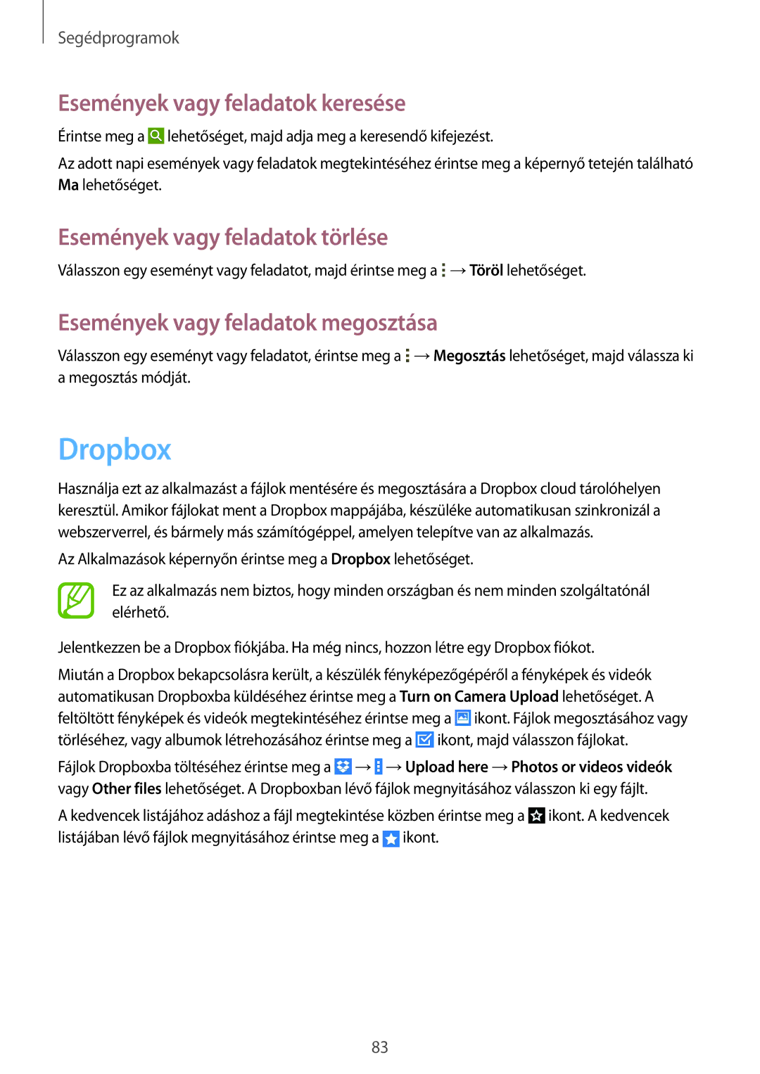 Samsung SM-T335NZWAXSK, SM-T335NYKACOS manual Dropbox, Események vagy feladatok keresése, Események vagy feladatok törlése 