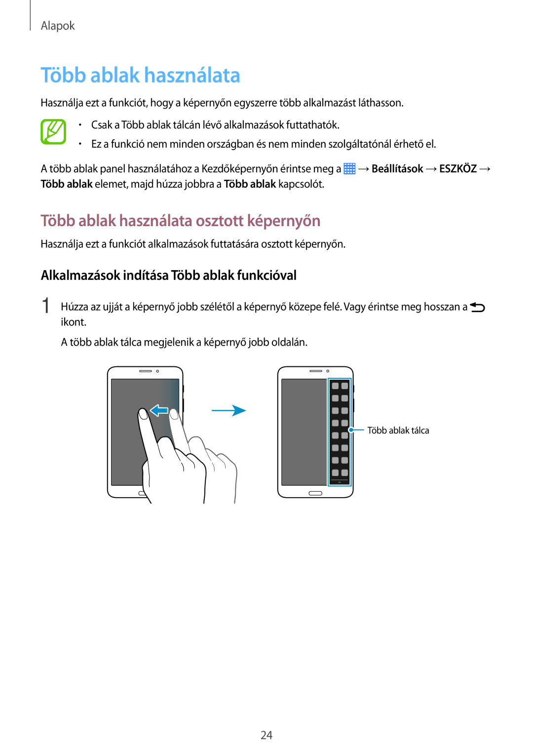 Samsung SM-T335NZWATMH manual Több ablak használata osztott képernyőn, Alkalmazások indítása Több ablak funkcióval 