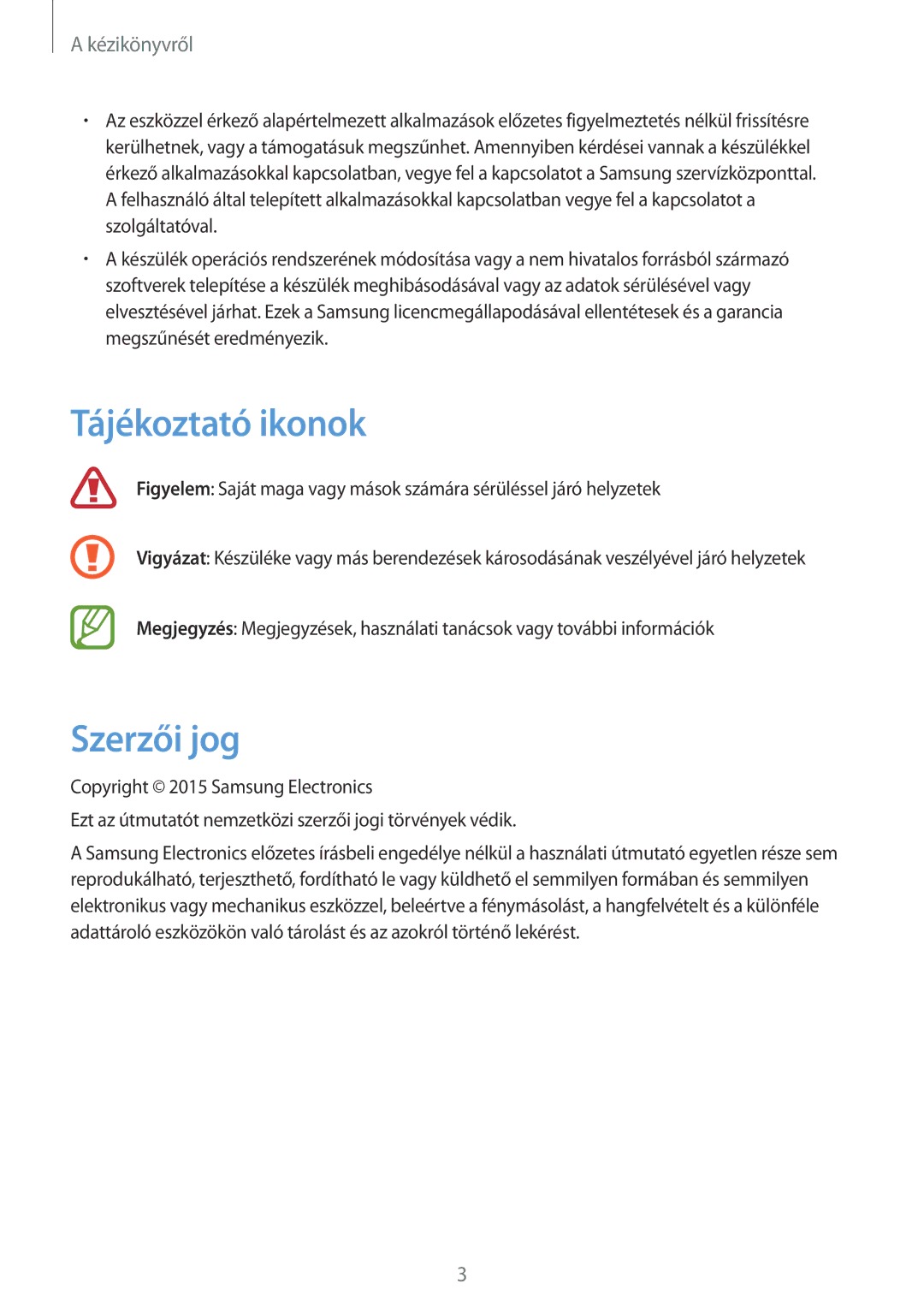 Samsung SM-T335NZWATMH, SM-T335NYKACOS, SM-T335NYKAVDC, SM-T335NZWAAUT, SM-T335NYKAVDH manual Tájékoztató ikonok, Szerzői jog 