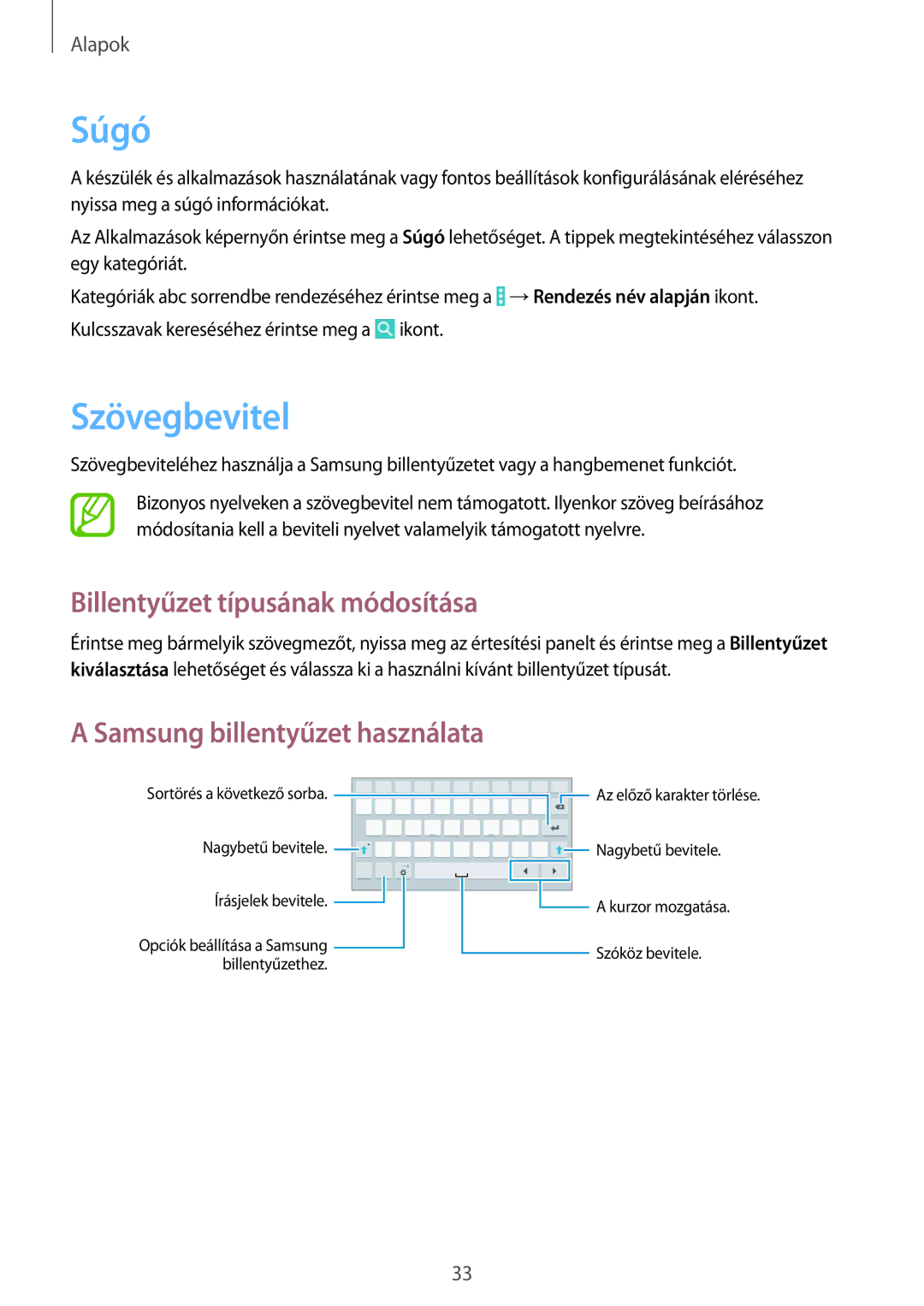 Samsung SM-T335NZWAXEZ manual Súgó, Szövegbevitel, Billentyűzet típusának módosítása, Samsung billentyűzet használata 