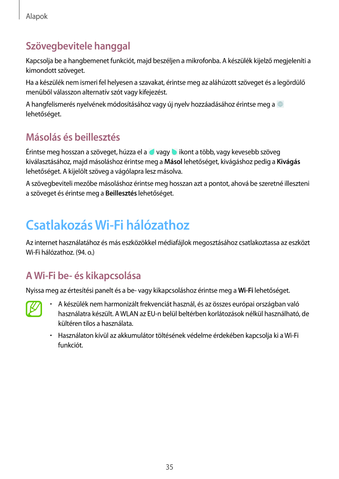 Samsung SM-T335NYKACOS, SM-T335NYKAVDC manual Csatlakozás Wi-Fi hálózathoz, Szövegbevitele hanggal, Másolás és beillesztés 