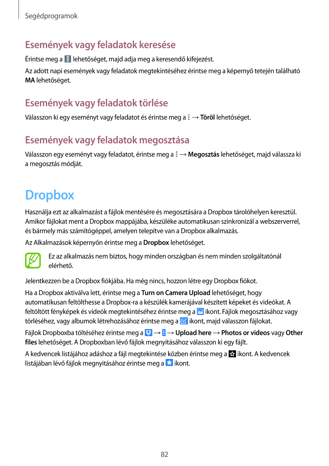 Samsung SM-T335NZWAXEZ, SM-T335NYKACOS manual Dropbox, Események vagy feladatok keresése, Események vagy feladatok törlése 