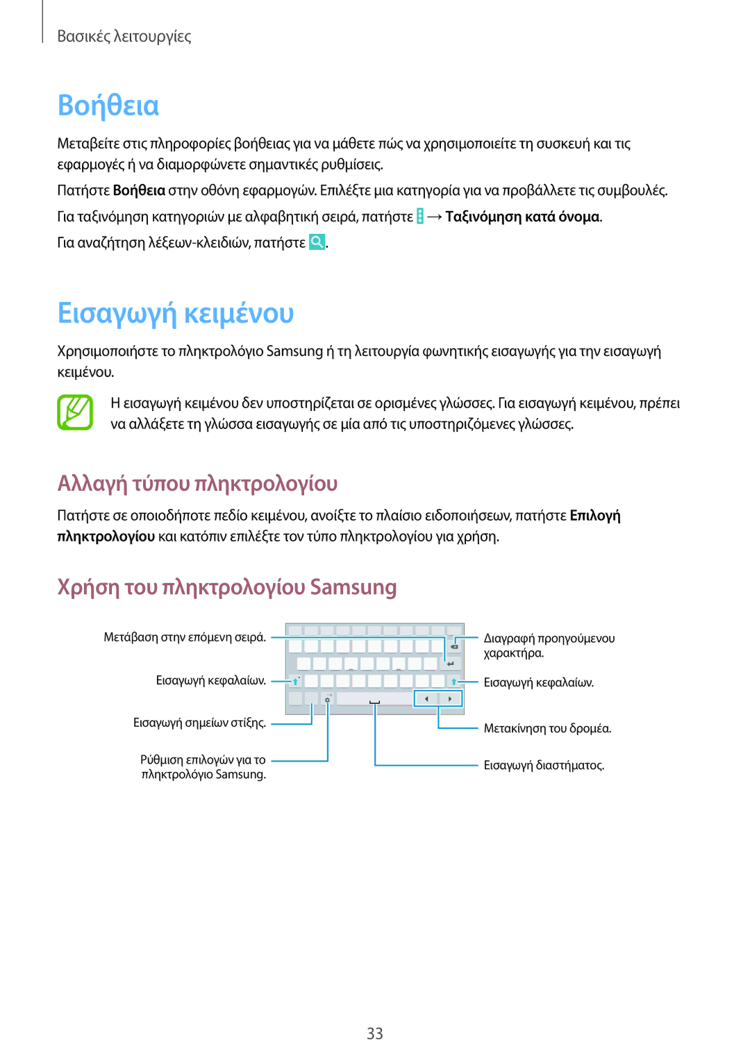 Samsung SM-T335NYKACOS manual Βοήθεια, Εισαγωγή κειμένου, Αλλαγή τύπου πληκτρολογίου, Χρήση του πληκτρολογίου Samsung 