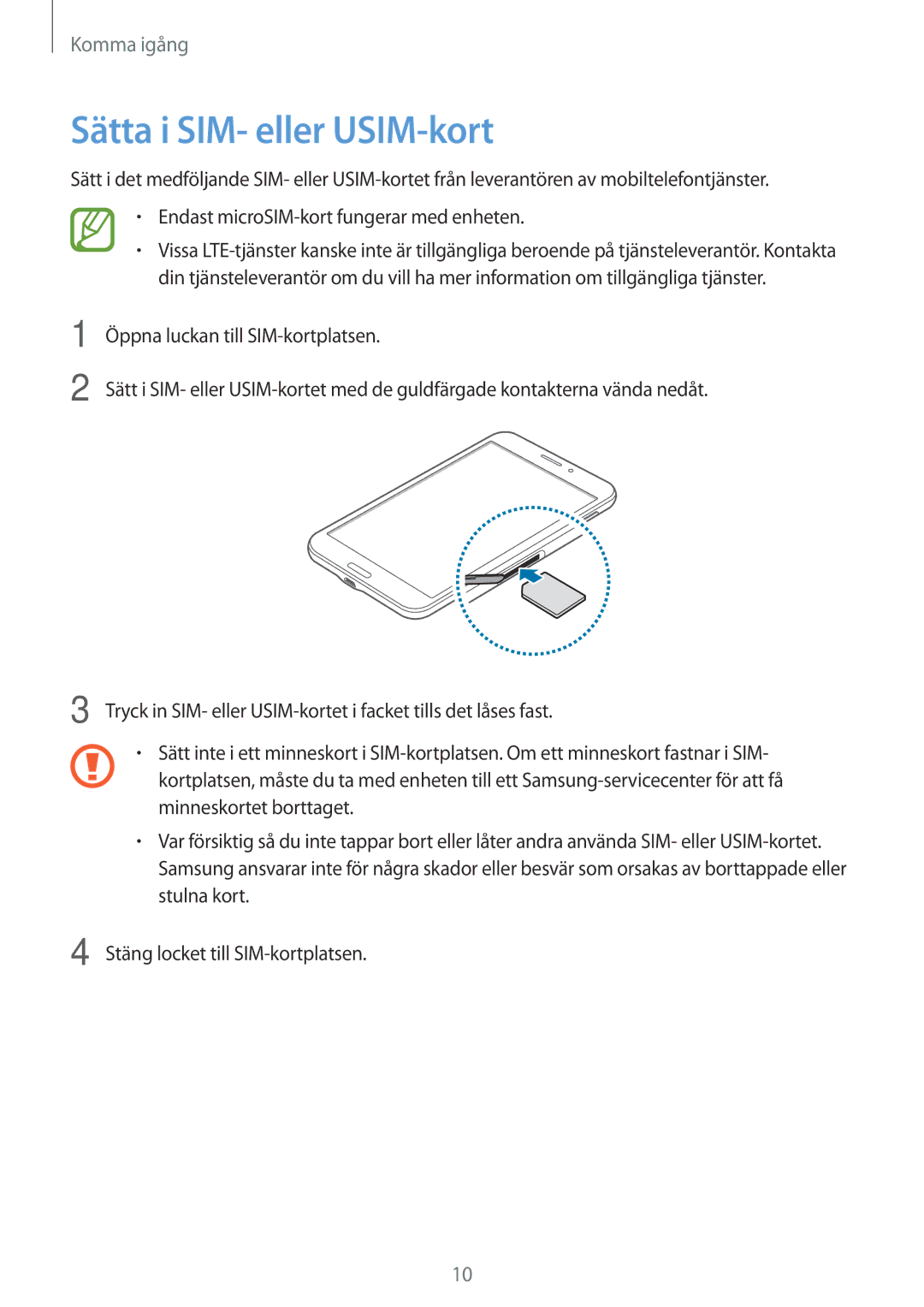 Samsung SM-T335NZWANEE, SM-T335NYKANEE, SM-T335NDWANEE manual Sätta i SIM- eller USIM-kort 