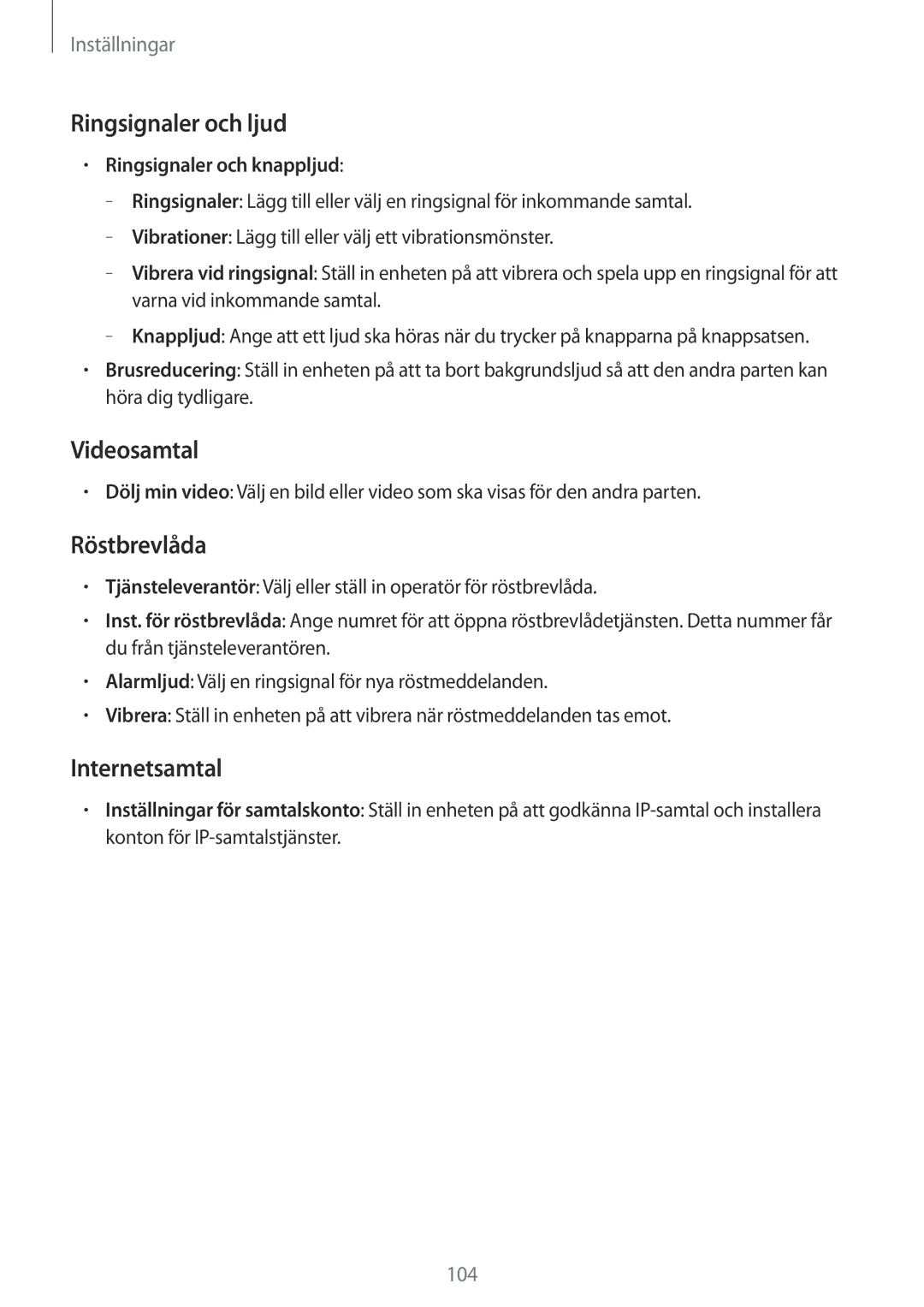 Samsung SM-T335NDWANEE manual Ringsignaler och ljud, Videosamtal, Röstbrevlåda, Internetsamtal, Ringsignaler och knappljud 