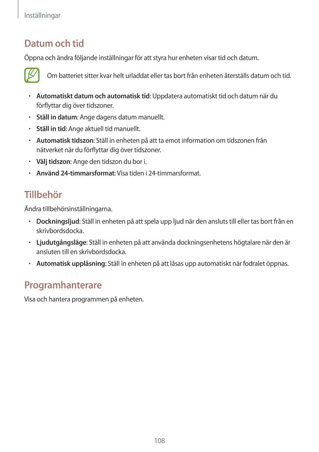 Samsung SM-T335NYKANEE, SM-T335NZWANEE, SM-T335NDWANEE manual Datum och tid, Tillbehör, Programhanterare 