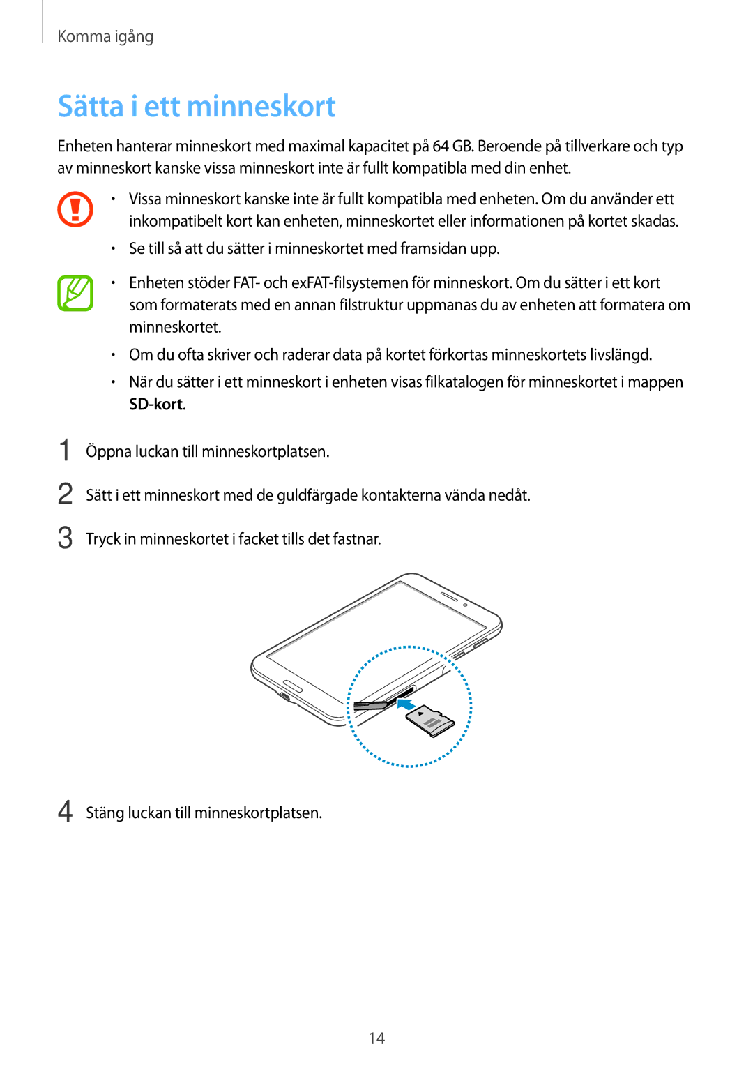 Samsung SM-T335NDWANEE, SM-T335NYKANEE, SM-T335NZWANEE manual Sätta i ett minneskort 