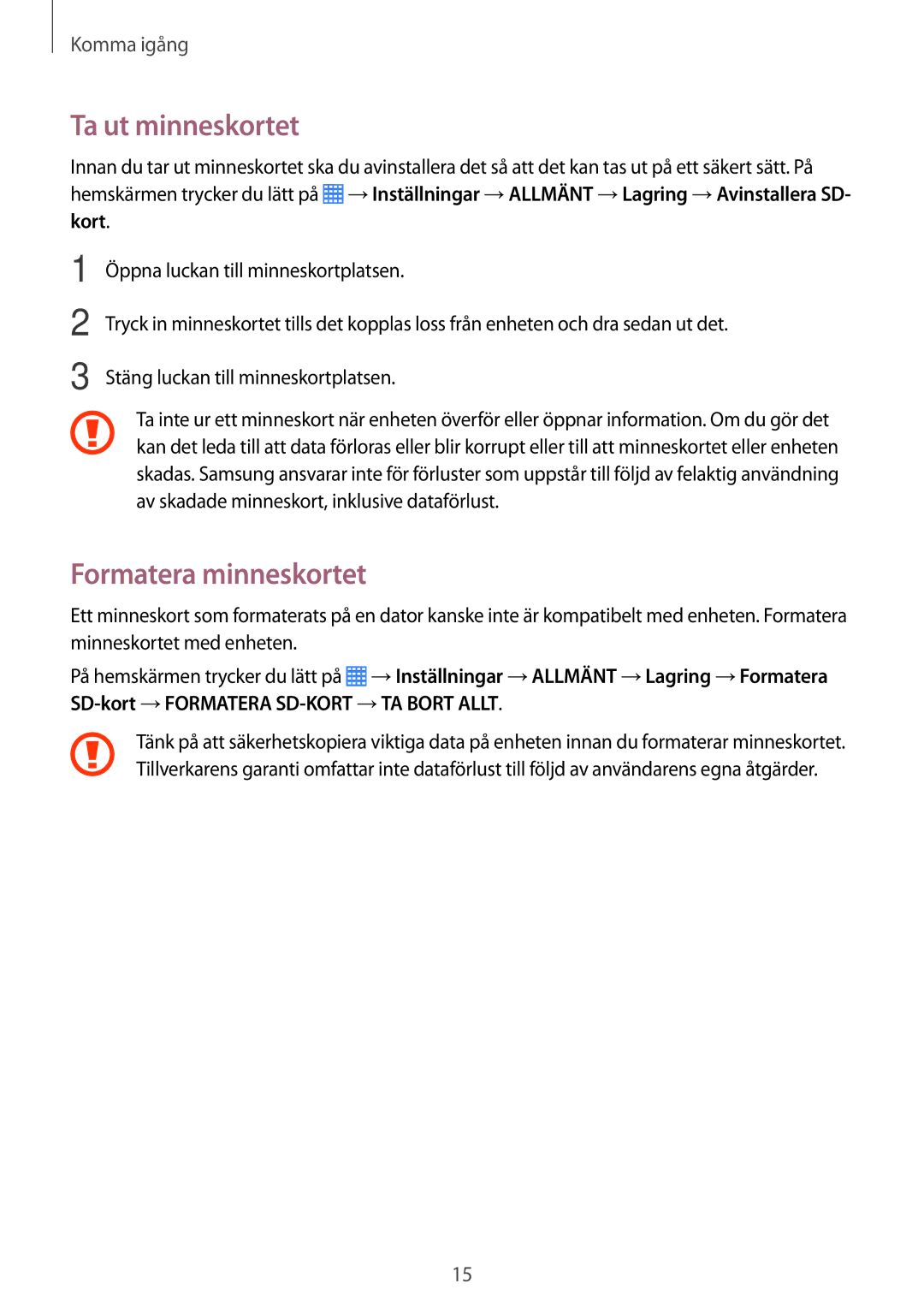 Samsung SM-T335NYKANEE, SM-T335NZWANEE, SM-T335NDWANEE manual Ta ut minneskortet, Formatera minneskortet 