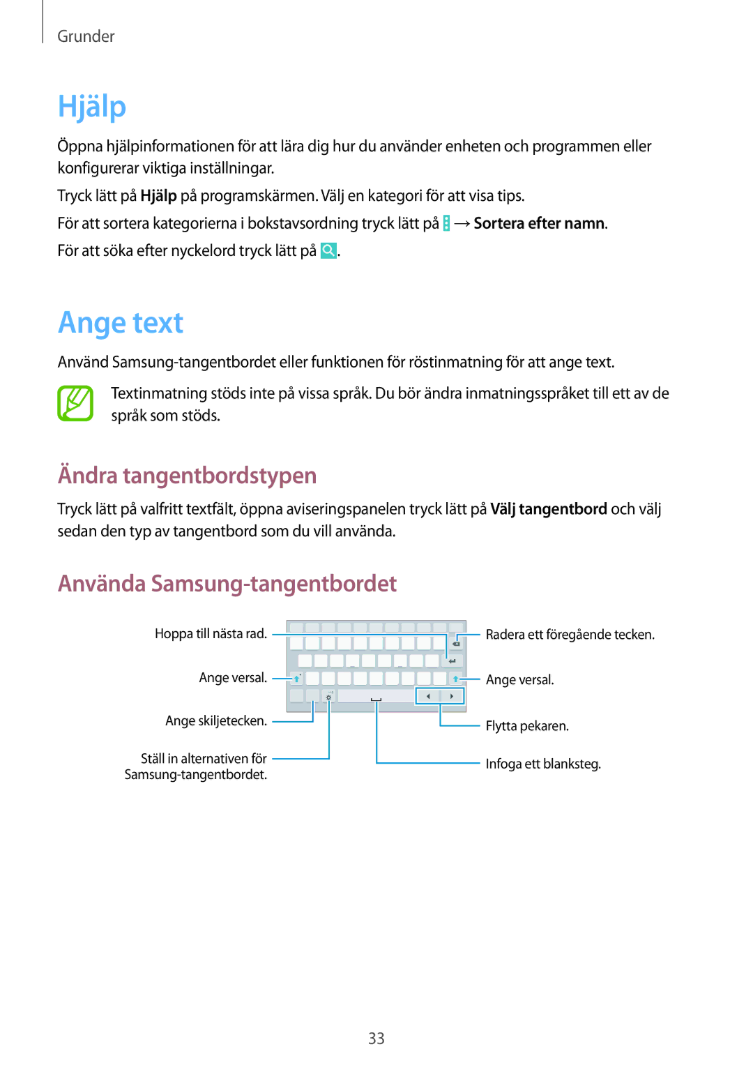 Samsung SM-T335NYKANEE, SM-T335NZWANEE manual Hjälp, Ange text, Ändra tangentbordstypen, Använda Samsung-tangentbordet 