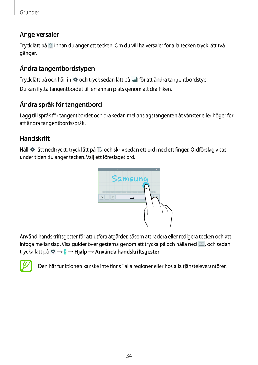 Samsung SM-T335NZWANEE, SM-T335NYKANEE Ange versaler, Ändra tangentbordstypen, Ändra språk för tangentbord, Handskrift 
