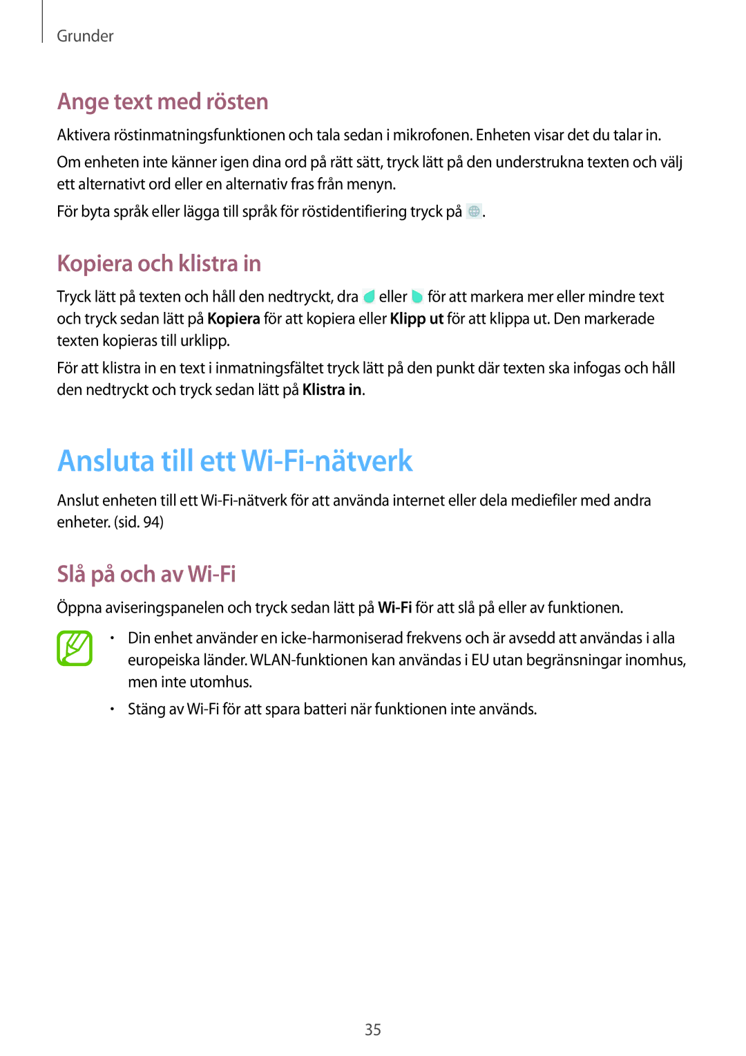 Samsung SM-T335NDWANEE Ansluta till ett Wi-Fi-nätverk, Ange text med rösten, Kopiera och klistra, Slå på och av Wi-Fi 