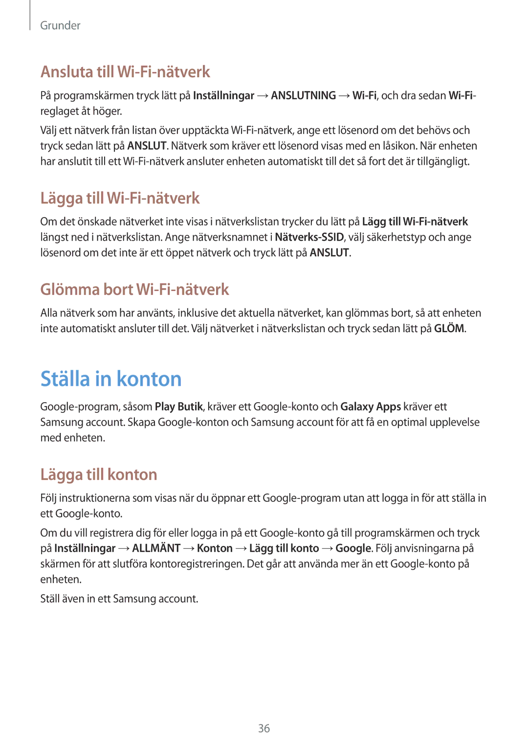 Samsung SM-T335NYKANEE Ställa in konton, Ansluta till Wi-Fi-nätverk, Lägga till Wi-Fi-nätverk, Glömma bort Wi-Fi-nätverk 