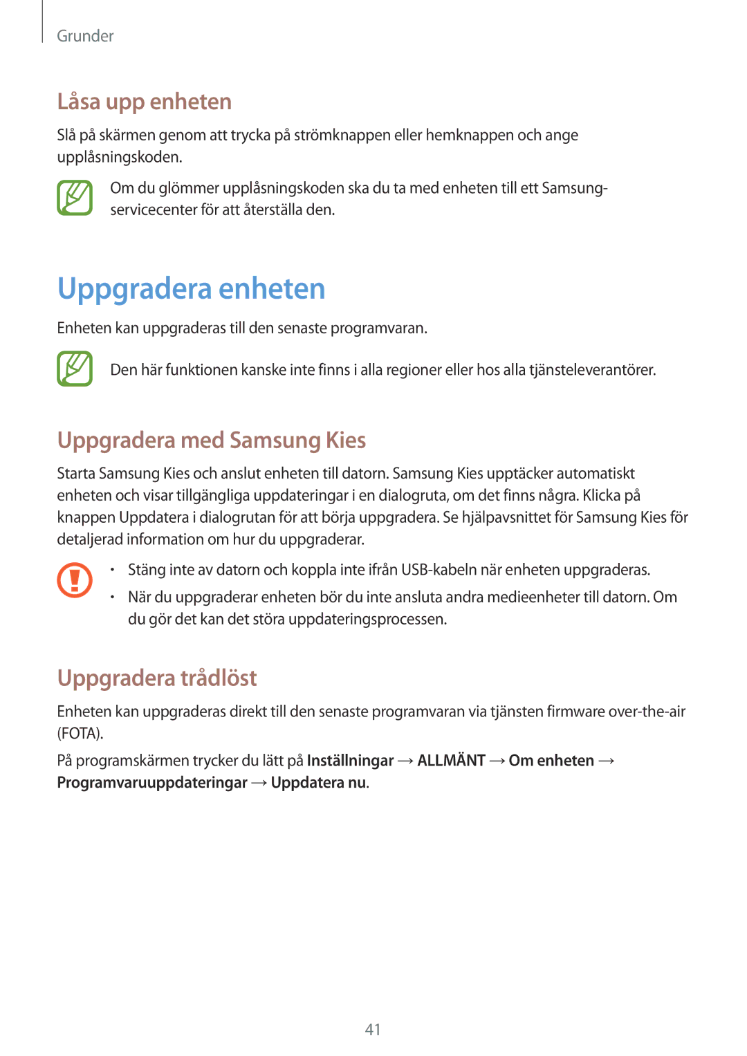 Samsung SM-T335NDWANEE manual Uppgradera enheten, Låsa upp enheten, Uppgradera med Samsung Kies, Uppgradera trådlöst 