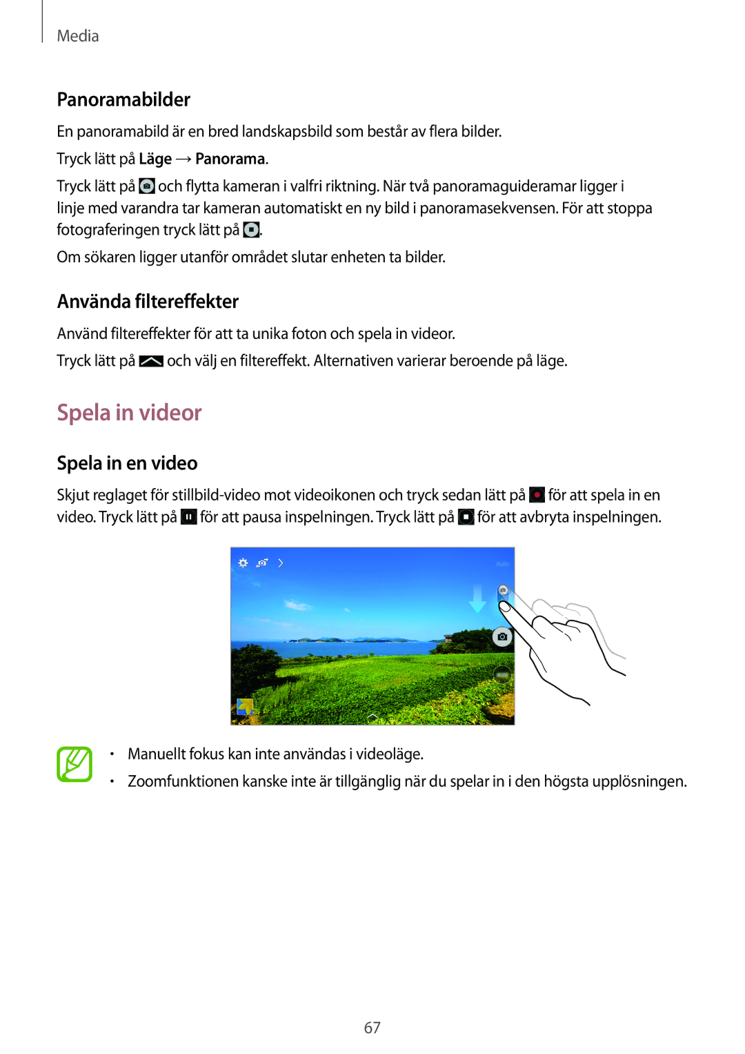 Samsung SM-T335NZWANEE, SM-T335NYKANEE manual Spela in videor, Panoramabilder, Använda filtereffekter, Spela in en video 