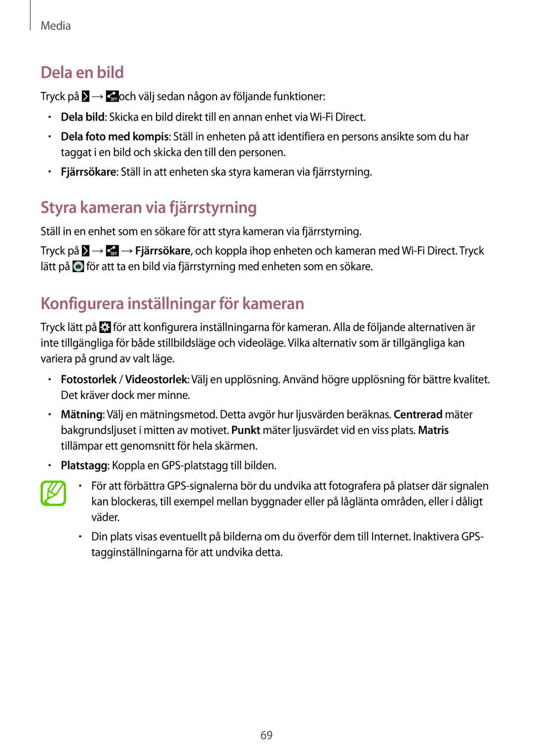 Samsung SM-T335NYKANEE manual Dela en bild, Styra kameran via fjärrstyrning, Konfigurera inställningar för kameran 