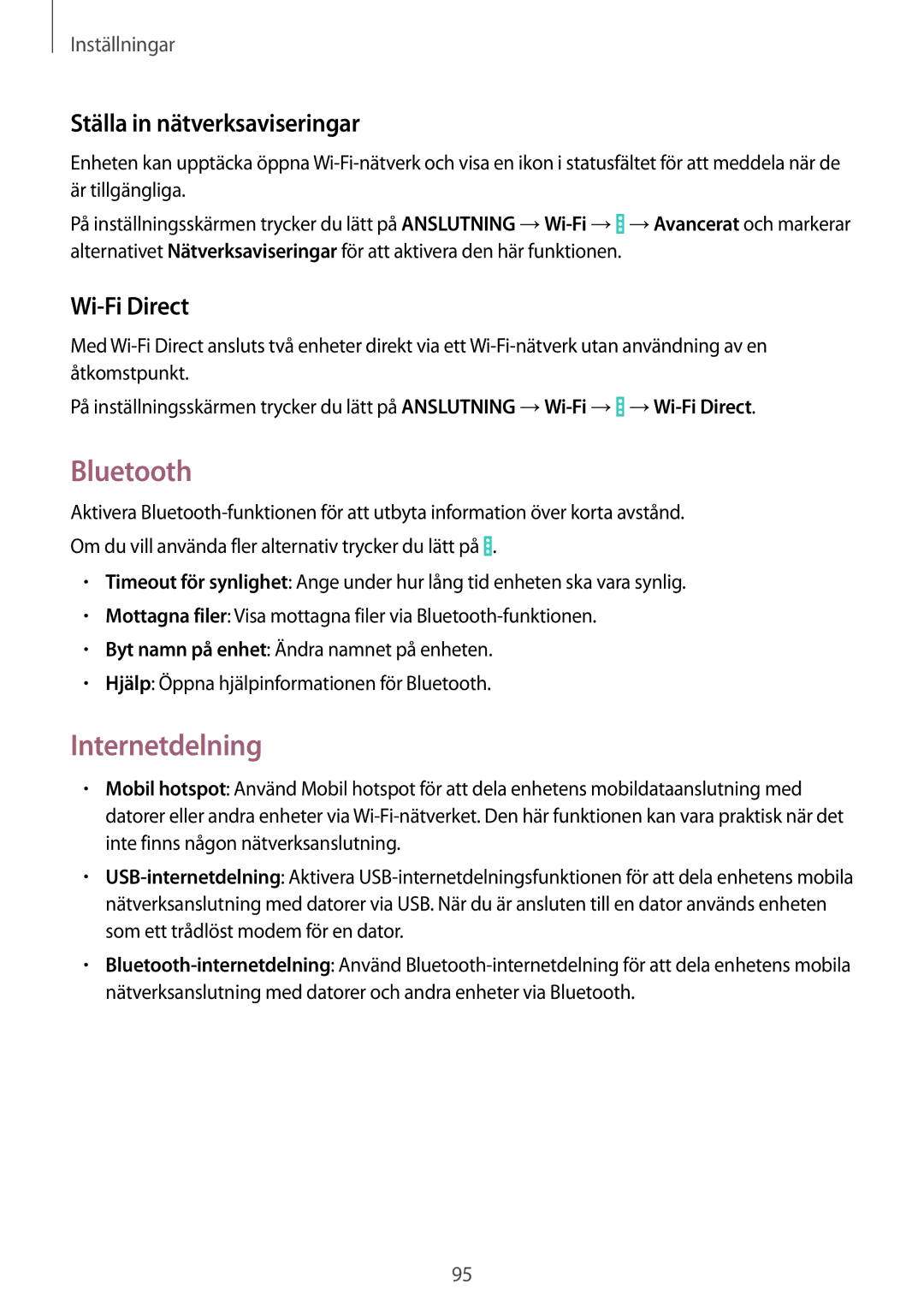 Samsung SM-T335NDWANEE, SM-T335NYKANEE manual Bluetooth, Internetdelning, Ställa in nätverksaviseringar, Wi-Fi Direct 