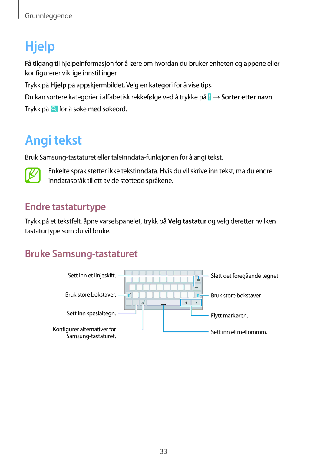 Samsung SM-T335NYKANEE, SM-T335NZWANEE, SM-T335NDWANEE manual Hjelp, Angi tekst, Endre tastaturtype, Bruke Samsung-tastaturet 