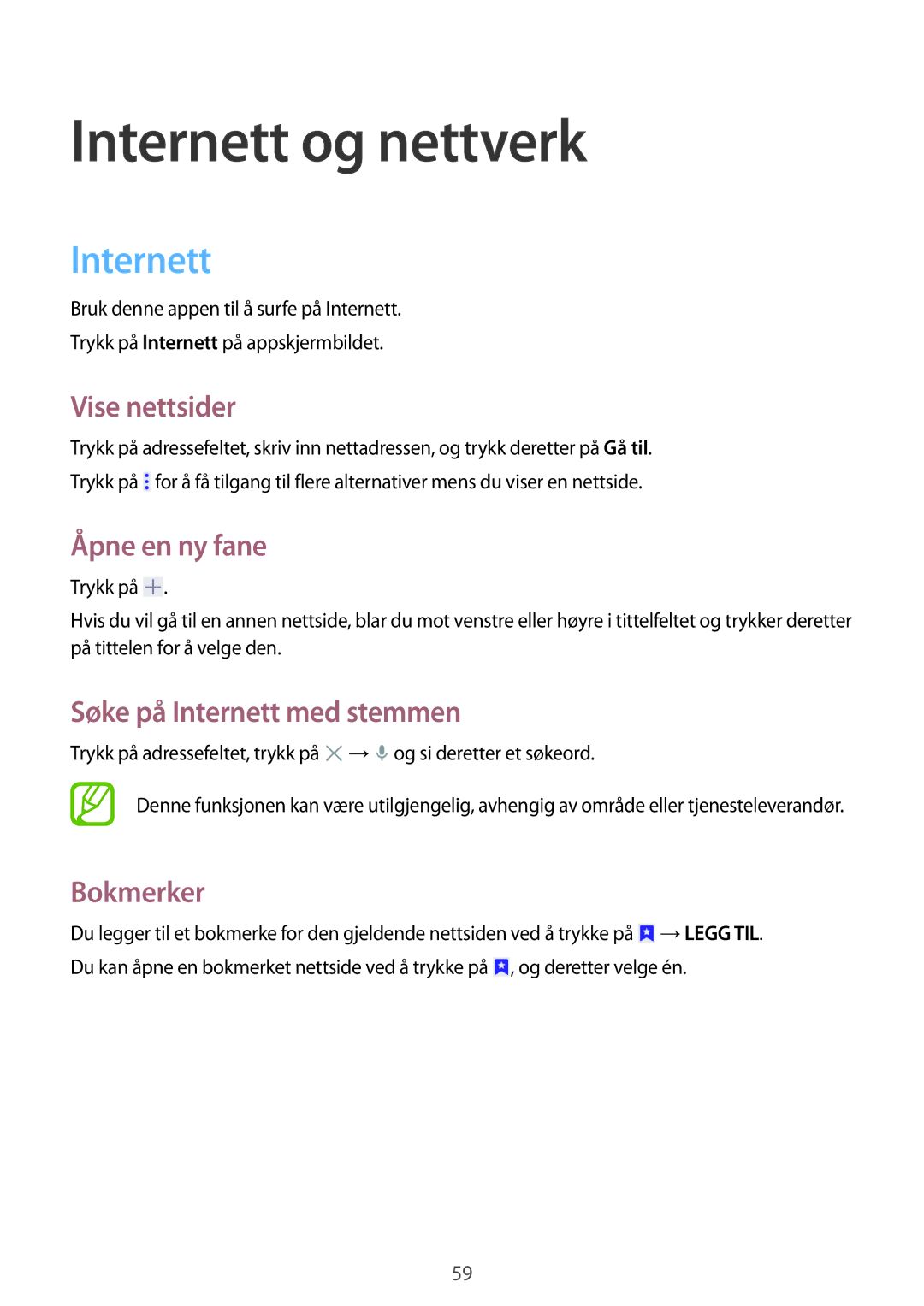 Samsung SM-T335NDWANEE, SM-T335NYKANEE, SM-T335NZWANEE manual Internett og nettverk 