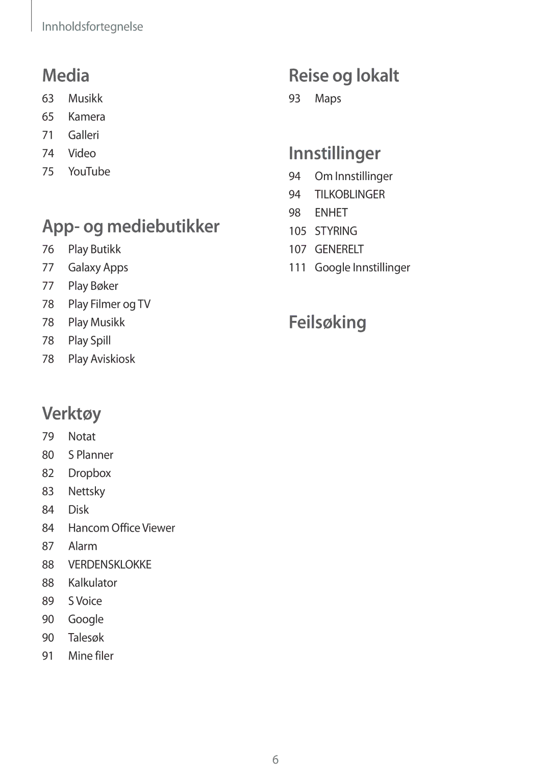 Samsung SM-T335NYKANEE manual Musikk Kamera Galleri Video YouTube, Kalkulator Voice Google Talesøk Mine filer, Maps 