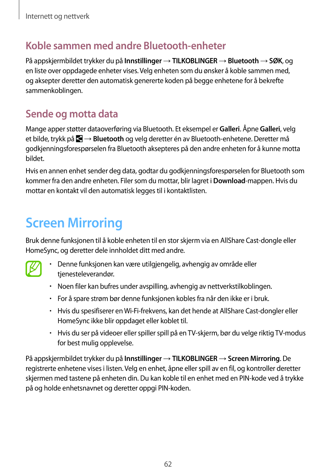 Samsung SM-T335NDWANEE, SM-T335NYKANEE Screen Mirroring, Koble sammen med andre Bluetooth-enheter, Sende og motta data 