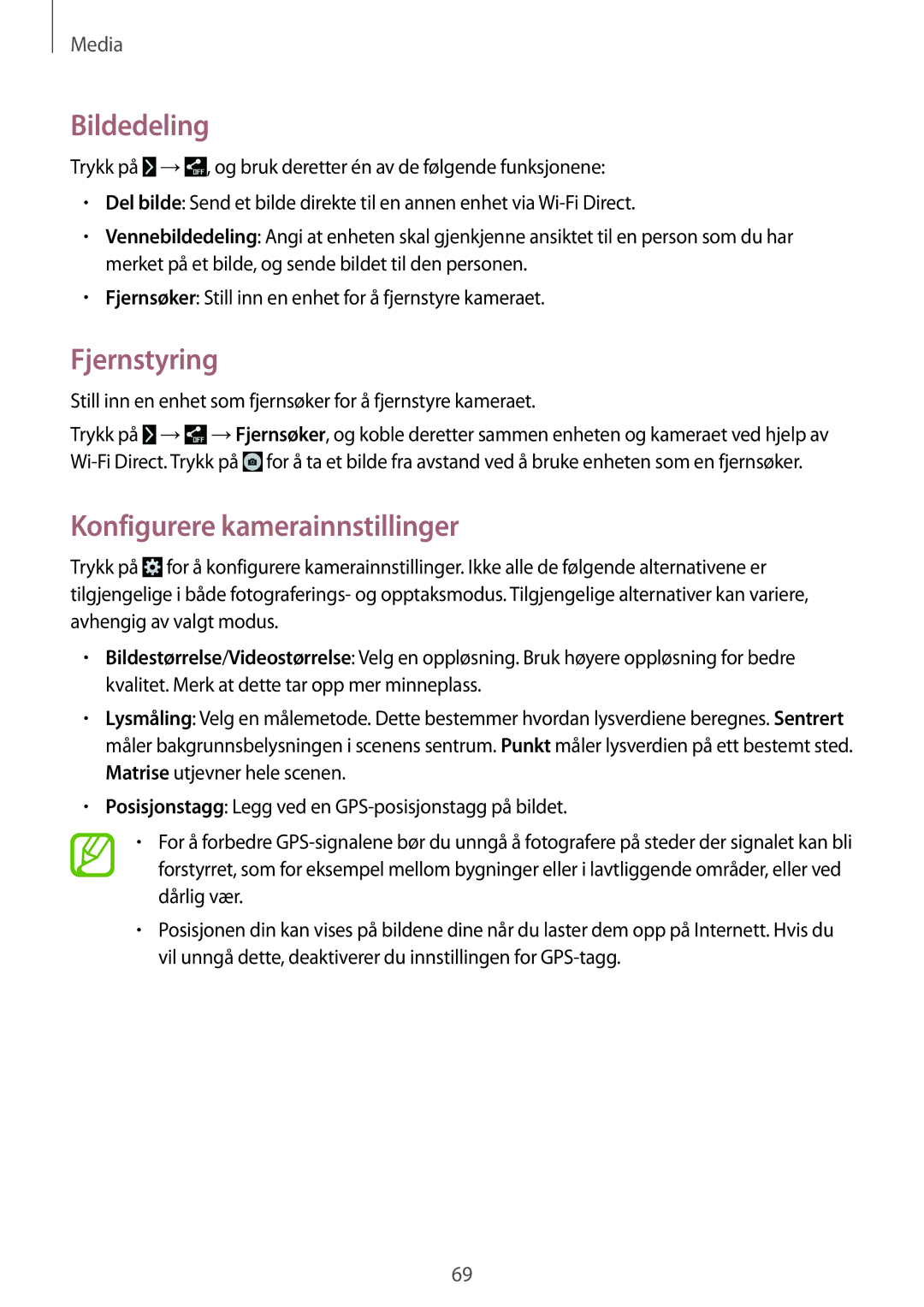 Samsung SM-T335NYKANEE, SM-T335NZWANEE, SM-T335NDWANEE manual Bildedeling, Fjernstyring, Konfigurere kamerainnstillinger 