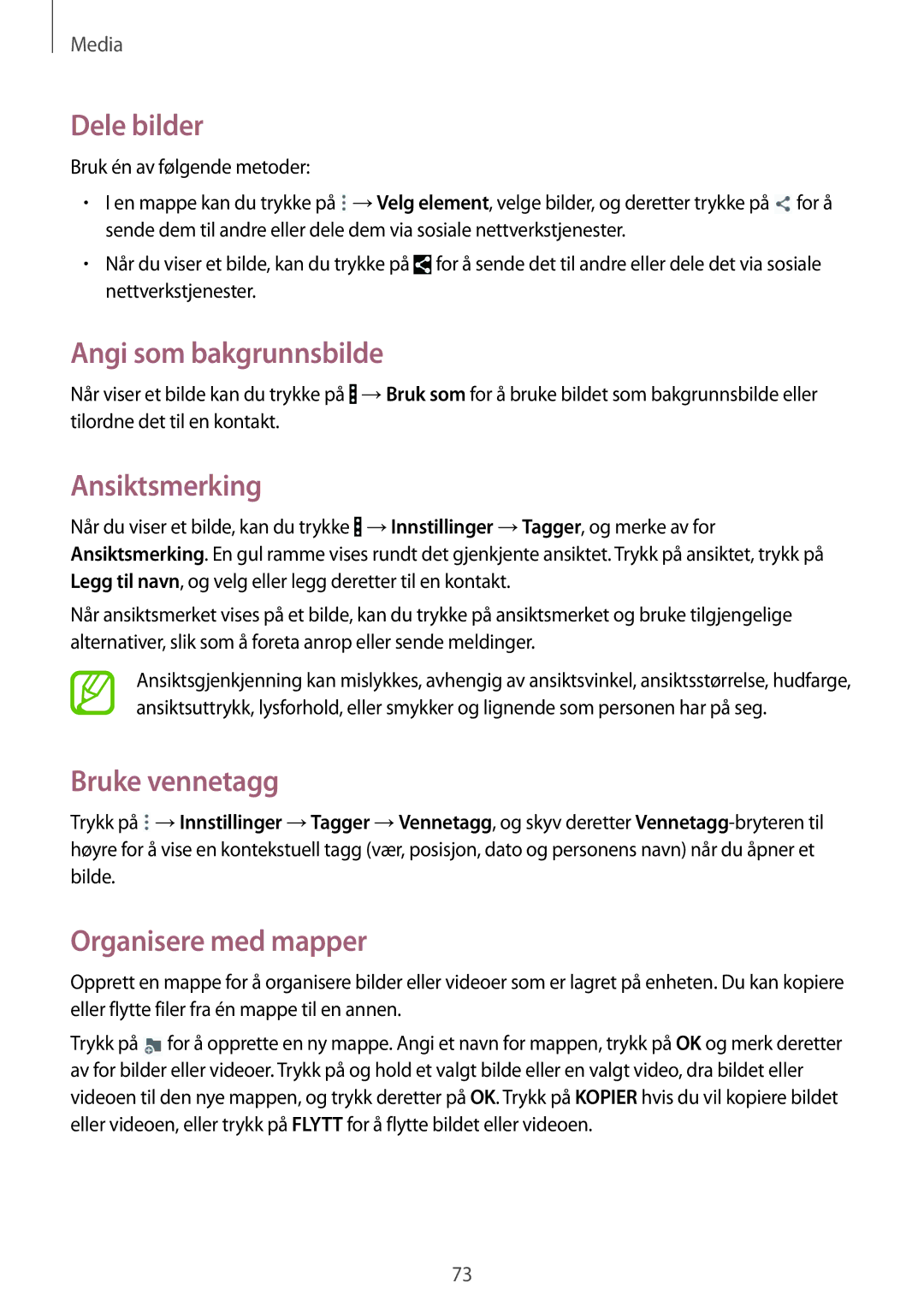 Samsung SM-T335NZWANEE, SM-T335NYKANEE manual Dele bilder, Angi som bakgrunnsbilde, Ansiktsmerking, Bruke vennetagg 