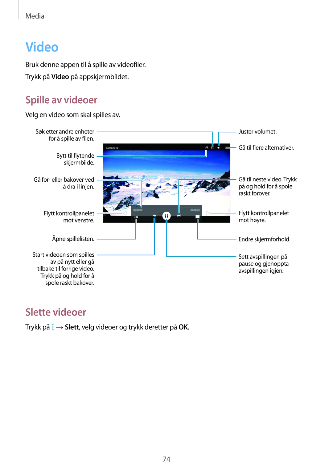 Samsung SM-T335NDWANEE, SM-T335NYKANEE, SM-T335NZWANEE manual Video, Slette videoer, Velg en video som skal spilles av 