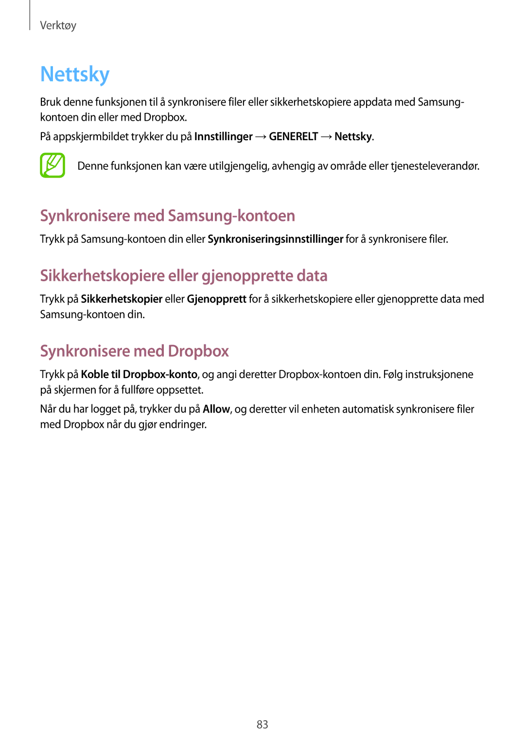 Samsung SM-T335NDWANEE manual Nettsky, Synkronisere med Samsung-kontoen, Sikkerhetskopiere eller gjenopprette data 