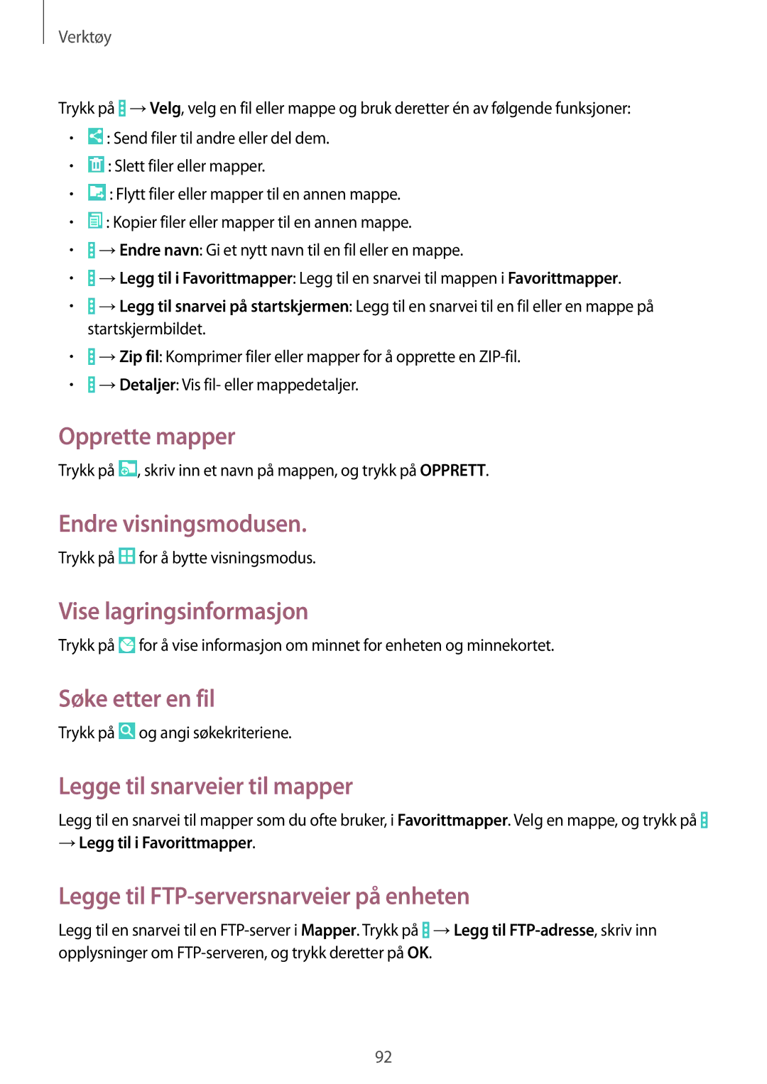 Samsung SM-T335NDWANEE, SM-T335NYKANEE Opprette mapper, Endre visningsmodusen, Vise lagringsinformasjon, Søke etter en fil 