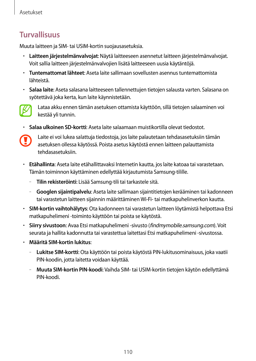 Samsung SM-T335NDWANEE, SM-T335NYKANEE, SM-T335NZWANEE manual Turvallisuus, Määritä SIM-kortin lukitus 