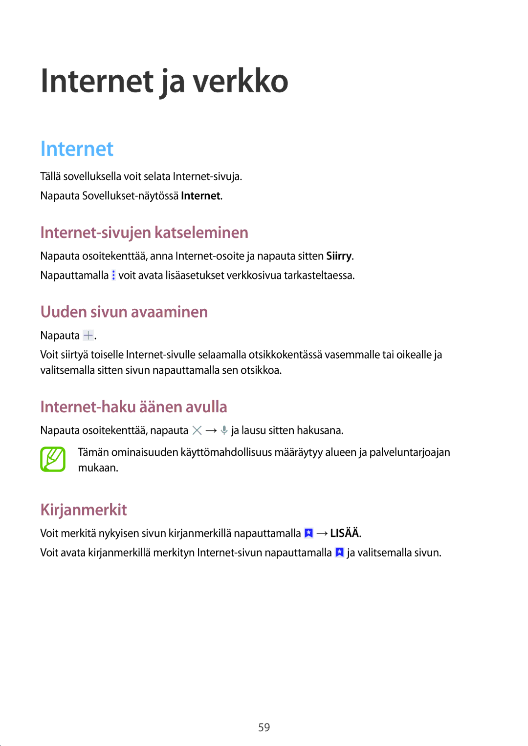 Samsung SM-T335NDWANEE, SM-T335NYKANEE, SM-T335NZWANEE manual Internet ja verkko 