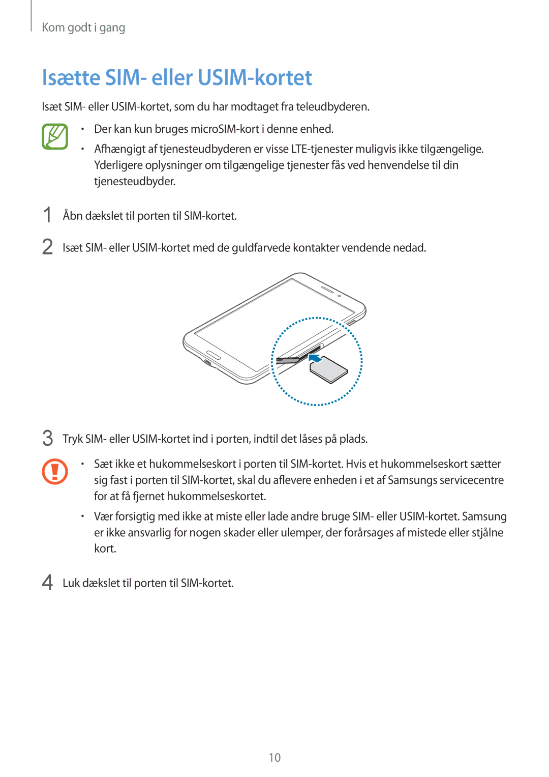 Samsung SM-T335NZWANEE, SM-T335NYKANEE, SM-T335NDWANEE manual Isætte SIM- eller USIM-kortet 