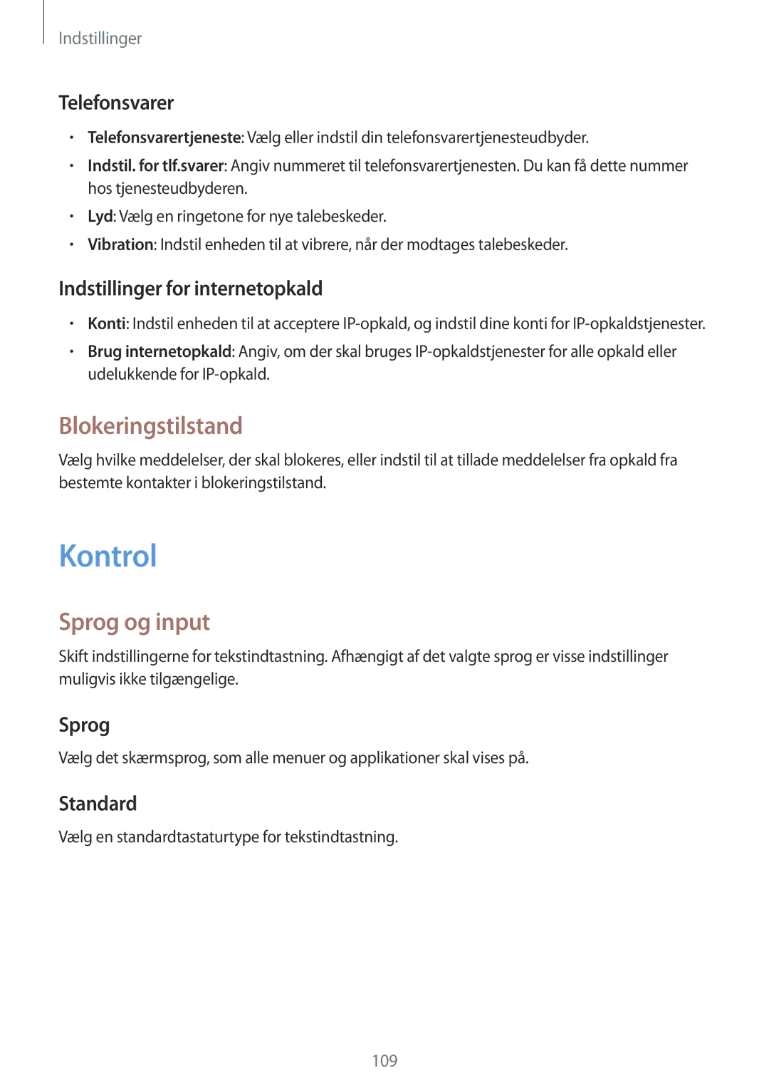 Samsung SM-T335NZWANEE, SM-T335NYKANEE, SM-T335NDWANEE manual Kontrol, Blokeringstilstand, Sprog og input 