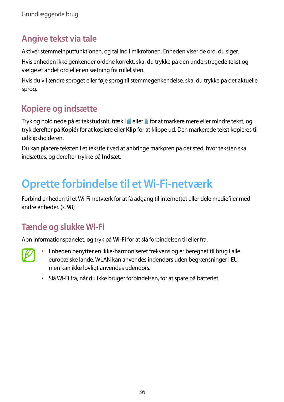 Samsung SM-T335NYKANEE manual Oprette forbindelse til et Wi-Fi-netværk, Angive tekst via tale, Kopiere og indsætte 