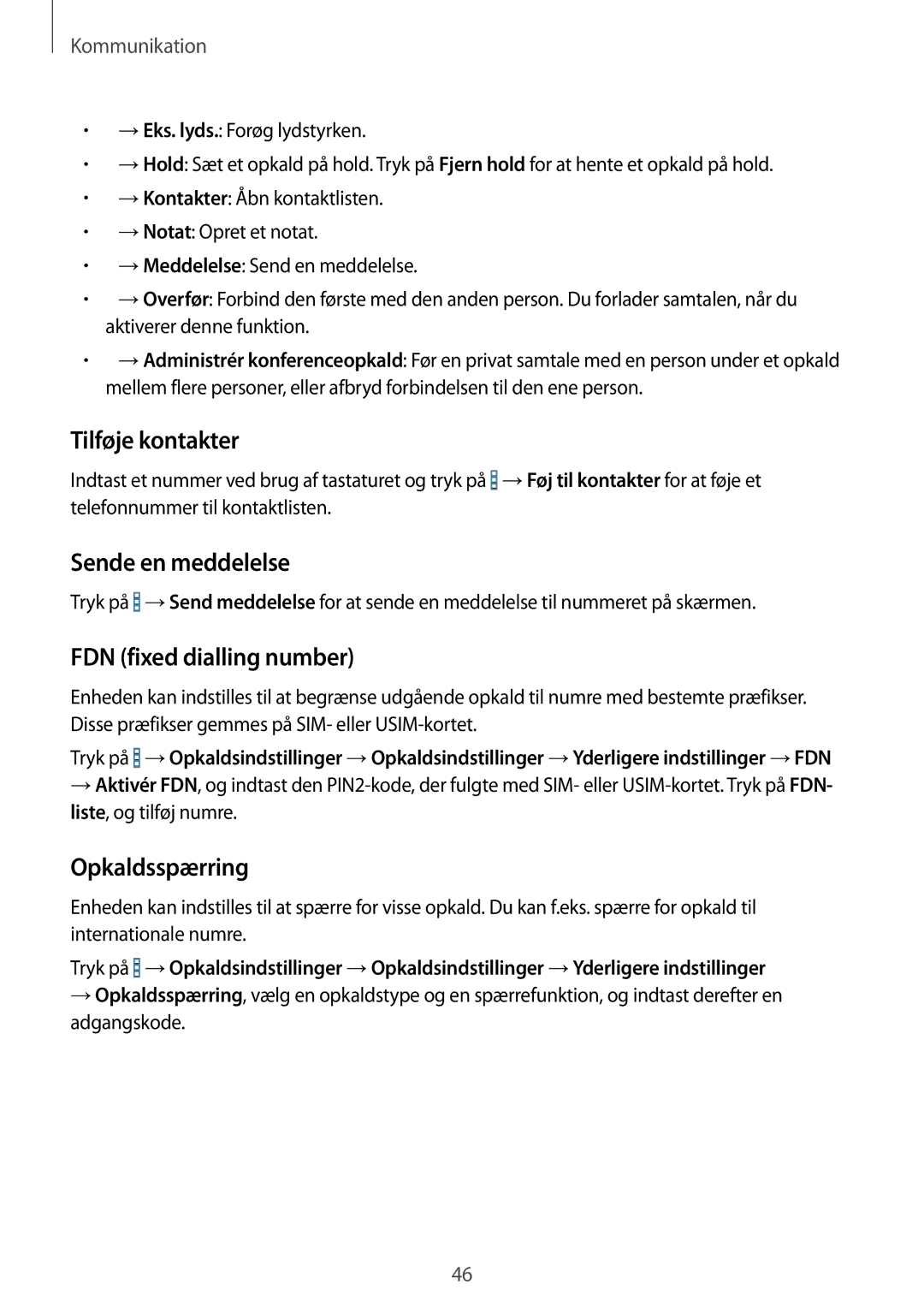 Samsung SM-T335NZWANEE, SM-T335NYKANEE Tilføje kontakter, Sende en meddelelse, FDN fixed dialling number, Opkaldsspærring 