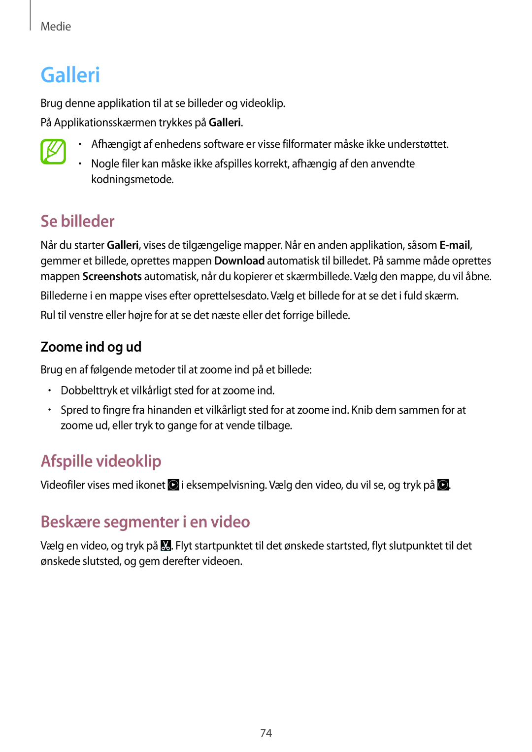 Samsung SM-T335NDWANEE manual Galleri, Se billeder, Afspille videoklip, Beskære segmenter i en video, Zoome ind og ud 