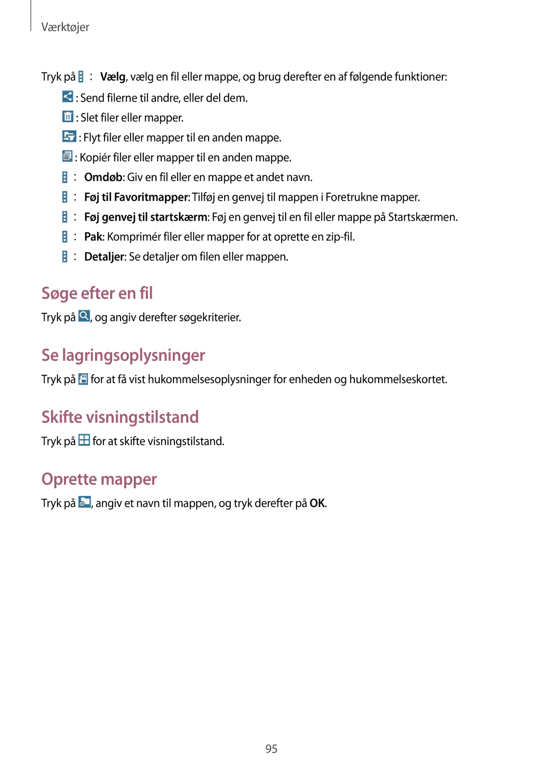 Samsung SM-T335NDWANEE, SM-T335NYKANEE Søge efter en fil, Se lagringsoplysninger, Skifte visningstilstand, Oprette mapper 